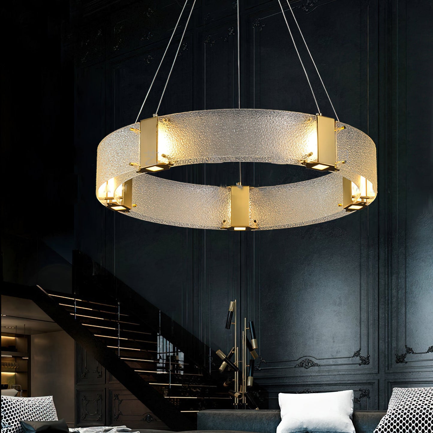 Parallel Ring Chandelier - Segmented Hand-Textured Glass Ring Light