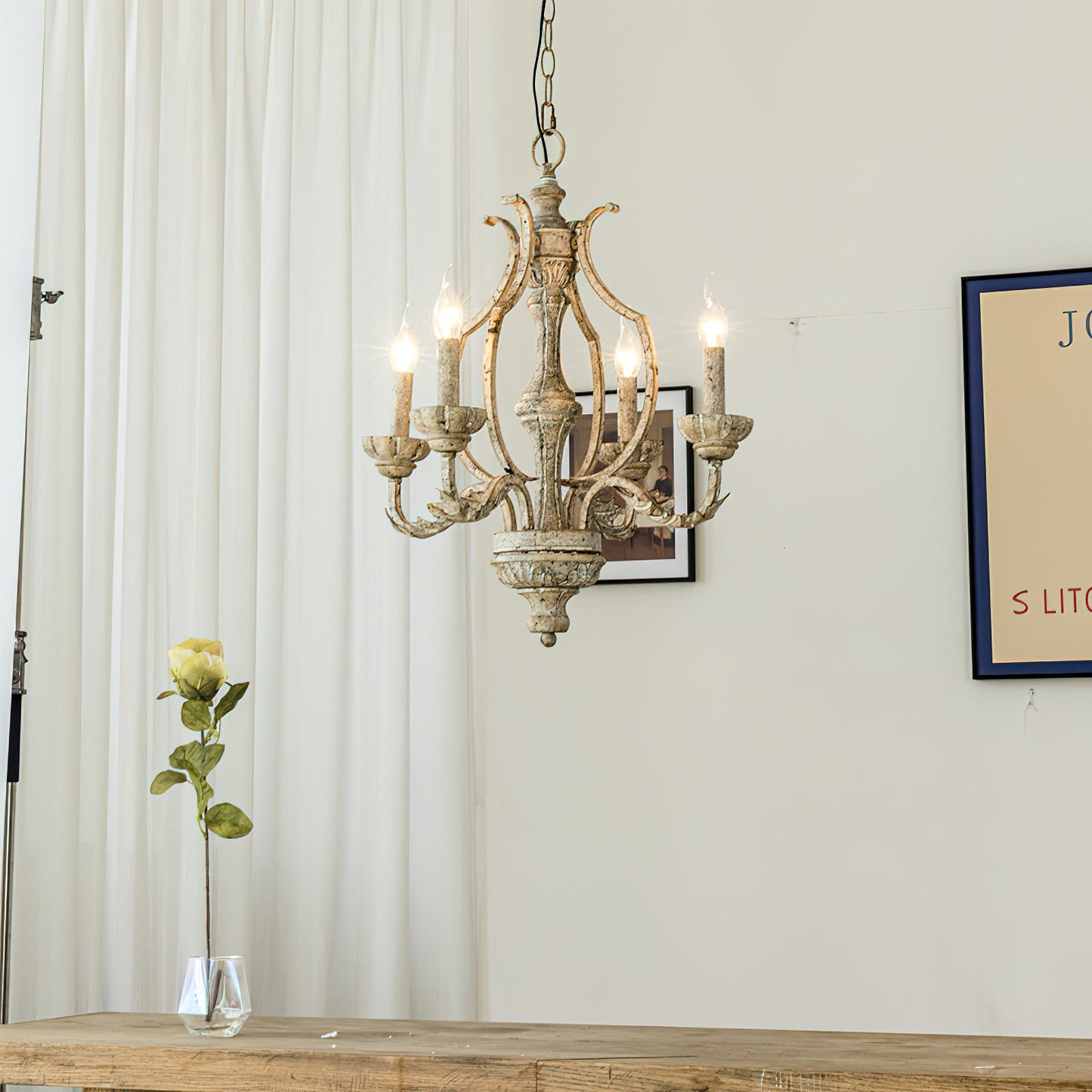 Paro Tunkul Wood Pendant Lamp - French Retro 4-Light Chandelier | Distressed Wood & Iron Lighting