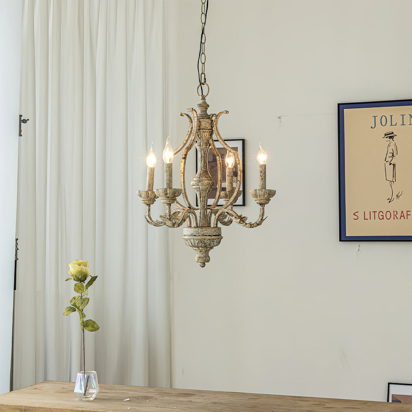 Paro Tunkul Wood Pendant Lamp - French Retro 4-Light Chandelier | Distressed Wood & Iron Lighting