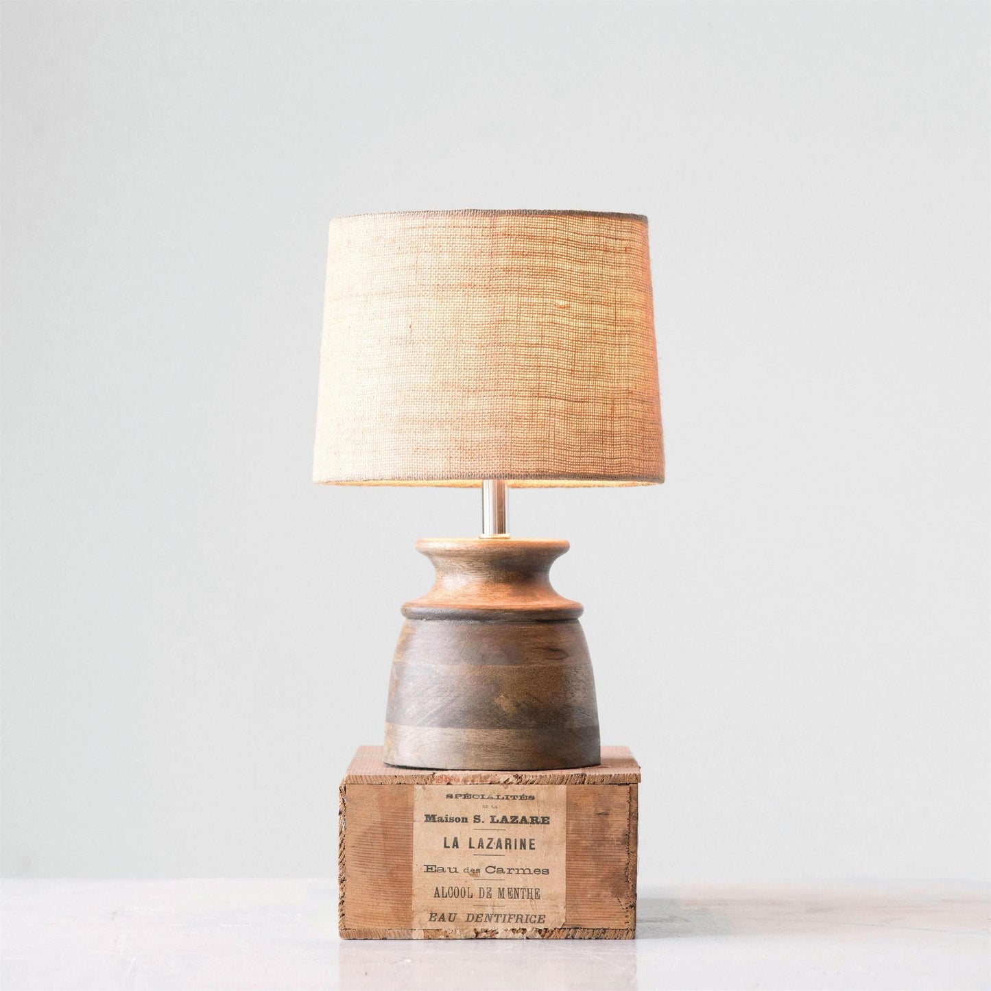 Partone Wood Table Lamp - Petite Antique Solid Wood & Linen Desk Light | Modern Organic Farmhouse