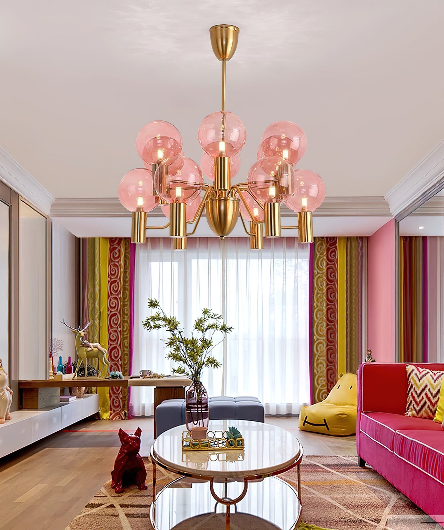 Patricia Glass Chandelier - Modern Pink & Smoke Gray Glass Globe Pendant | Playful Luxury Lighting