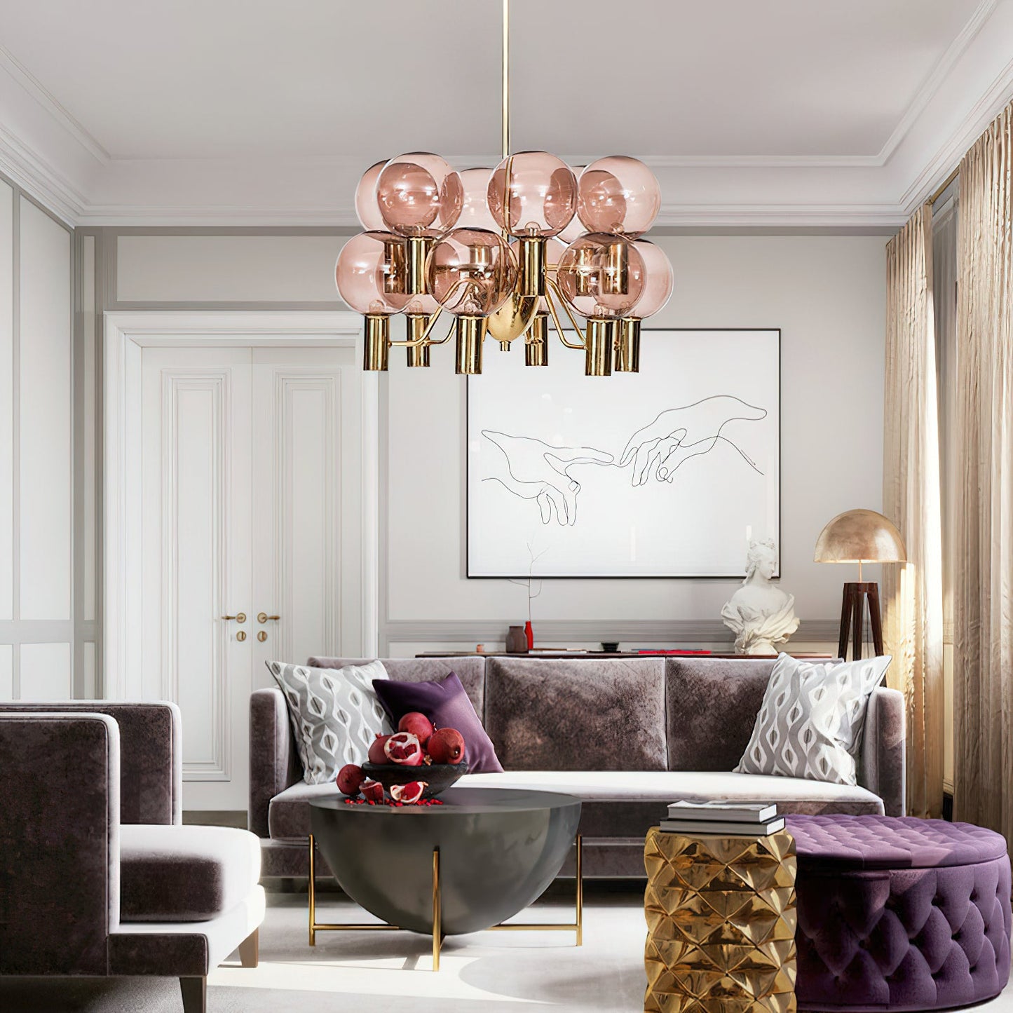 Patricia Glass Chandelier - Modern Pink & Smoke Gray Glass Globe Pendant | Playful Luxury Lighting