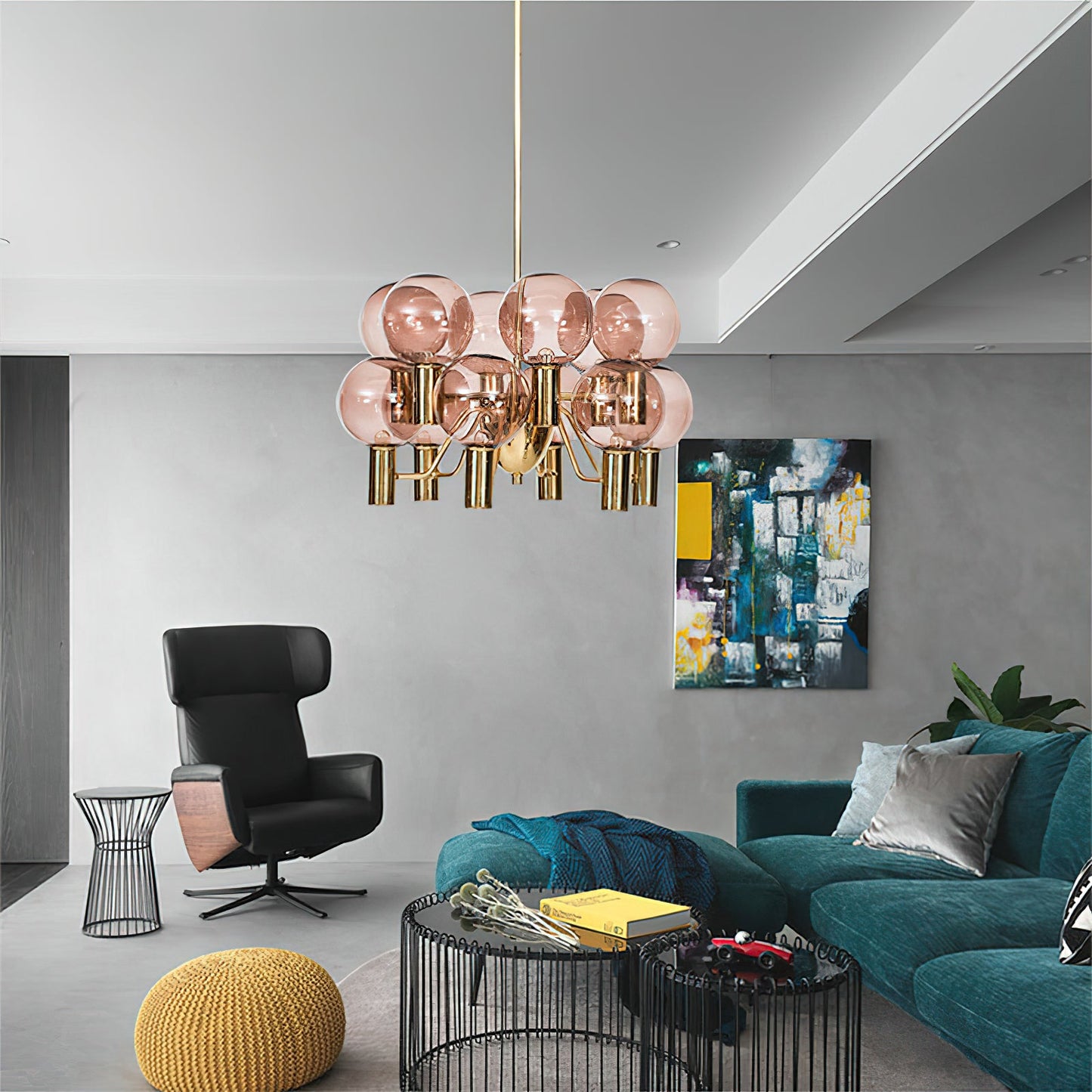 Patricia Glass Chandelier - Modern Pink & Smoke Gray Glass Globe Pendant | Playful Luxury Lighting