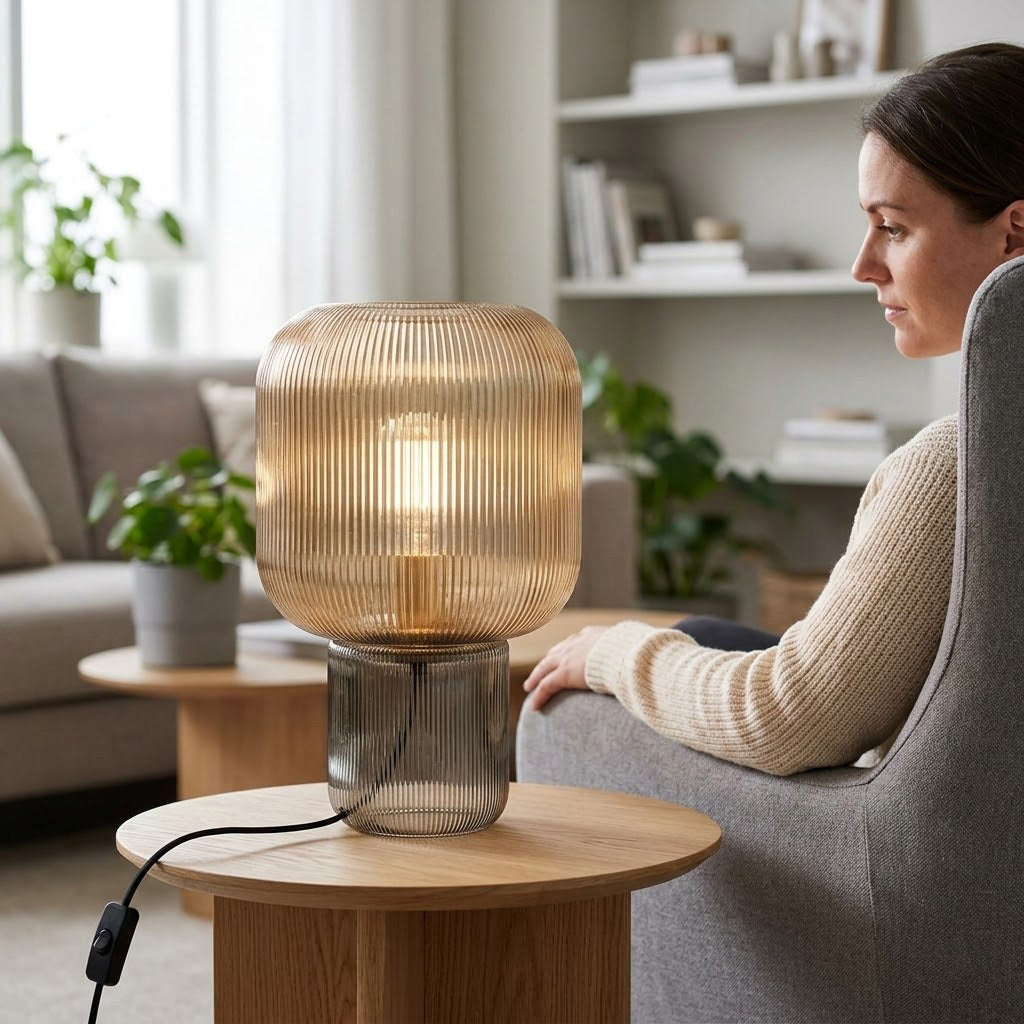 Paul Neuhaus Mashi Table Lamp - Ribbed Mushroom Glass Lamp | Modern Organic Ambient Lighting