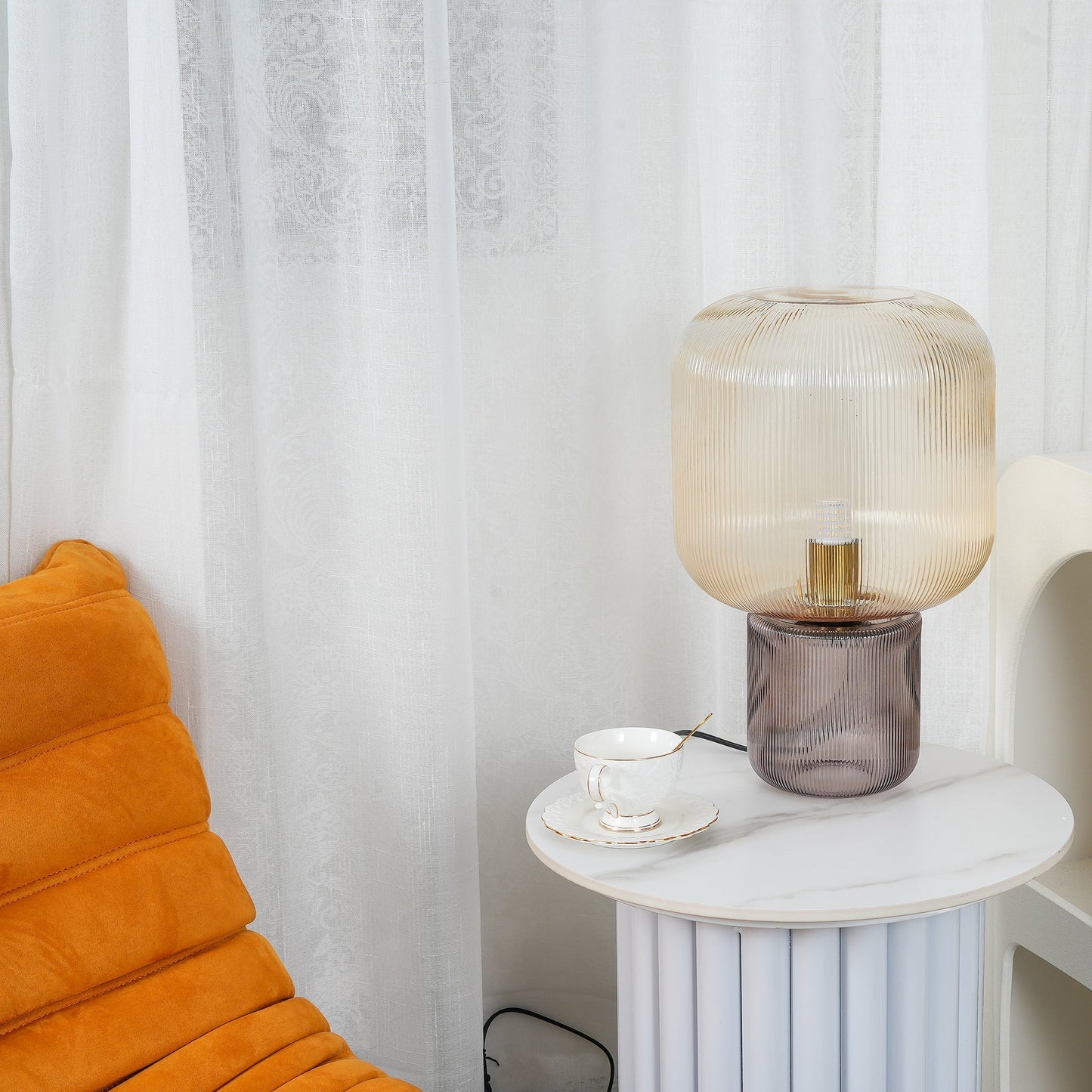 Paul Neuhaus Mashi Table Lamp - Ribbed Mushroom Glass Lamp | Modern Organic Ambient Lighting