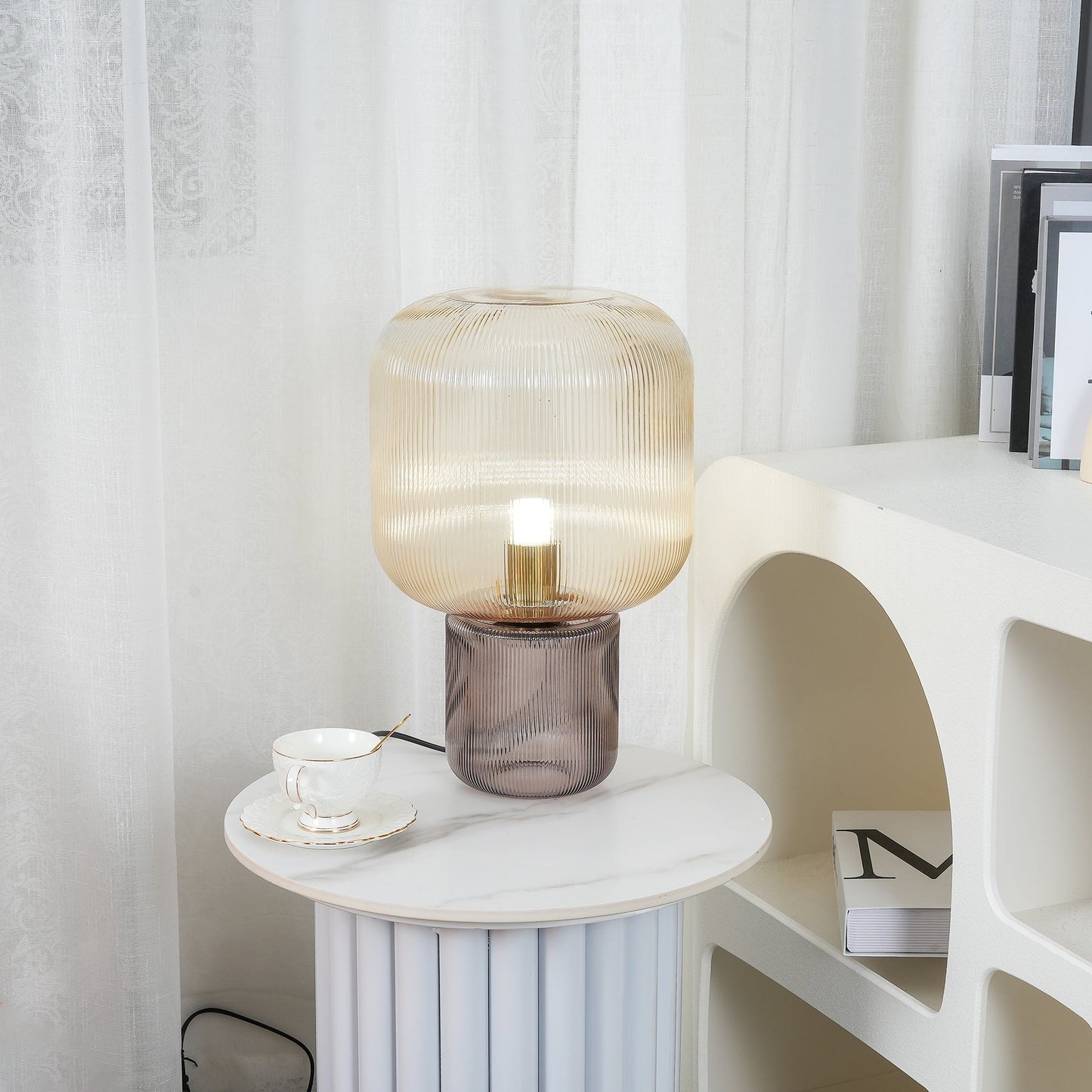 Paul Neuhaus Mashi Table Lamp - Ribbed Mushroom Glass Lamp | Modern Organic Ambient Lighting