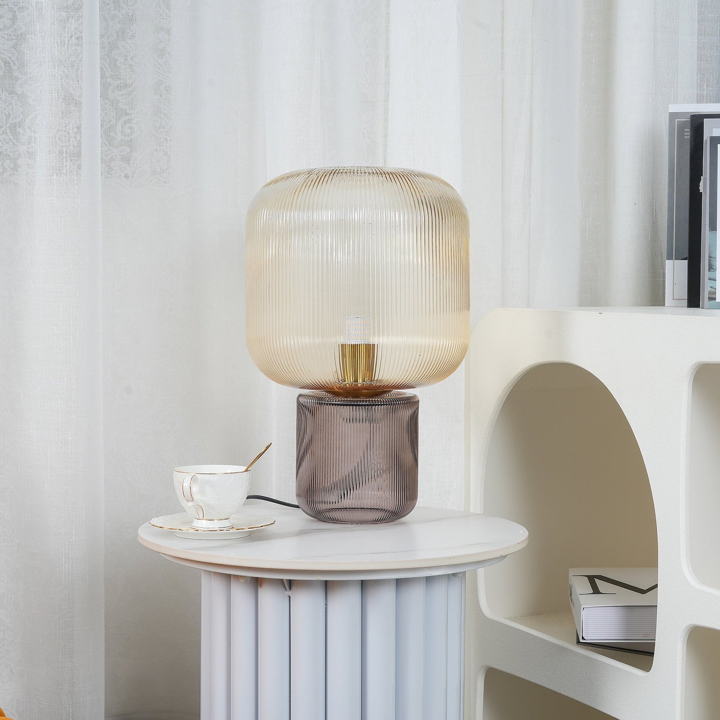Paul Neuhaus Mashi Table Lamp - Ribbed Mushroom Glass Lamp | Modern Organic Ambient Lighting