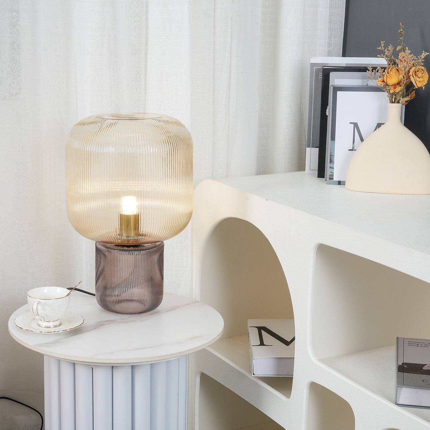 Paul Neuhaus Mashi Table Lamp - Ribbed Mushroom Glass Lamp | Modern Organic Ambient Lighting