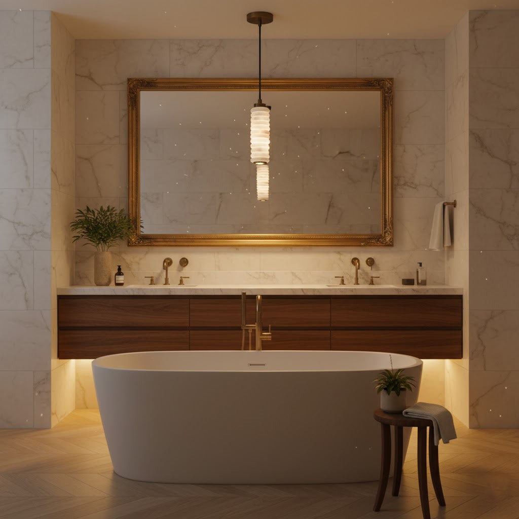 Payson Alabaster Pendant Lamp - Natural Stone & Solid Brass LED Pendant | Minimalist Luxury Droplight