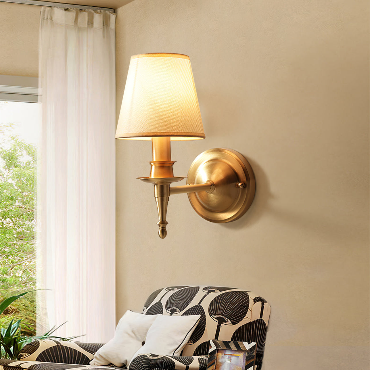 Payson Wall Lamp - Classic Brass & Fabric Sconce | Stepped Backplate Luxury Lighting