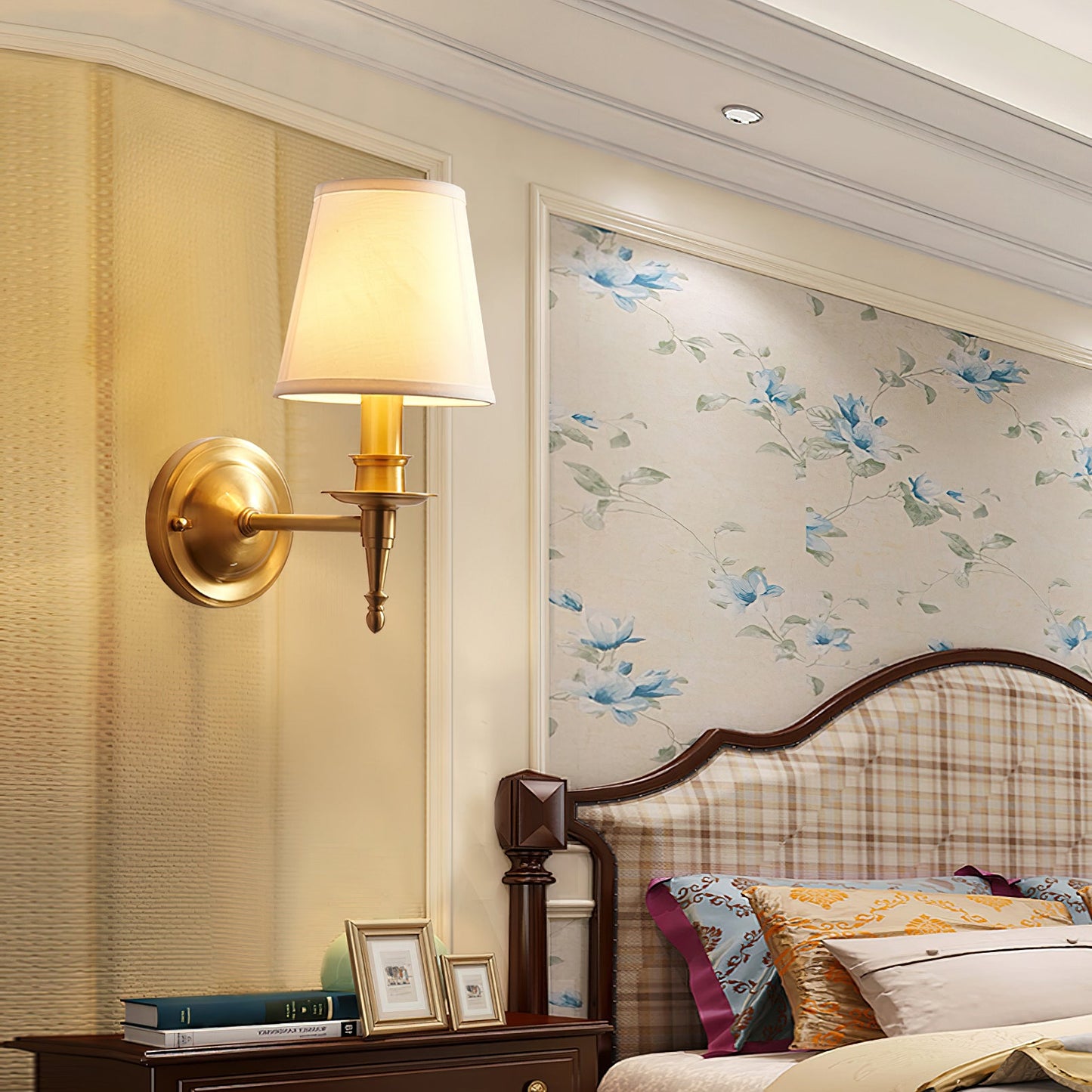 Payson Wall Lamp - Classic Brass & Fabric Sconce | Stepped Backplate Luxury Lighting