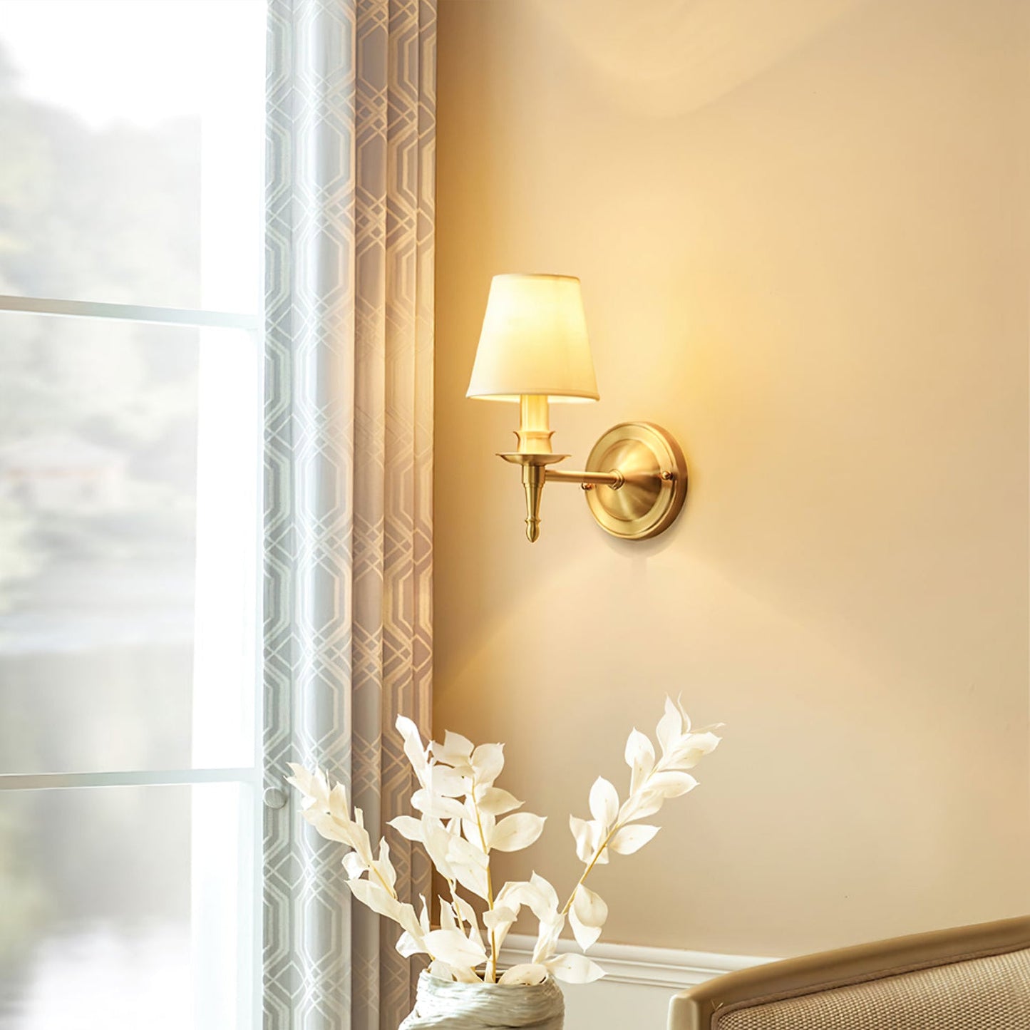 Payson Wall Lamp - Classic Brass & Fabric Sconce | Stepped Backplate Luxury Lighting