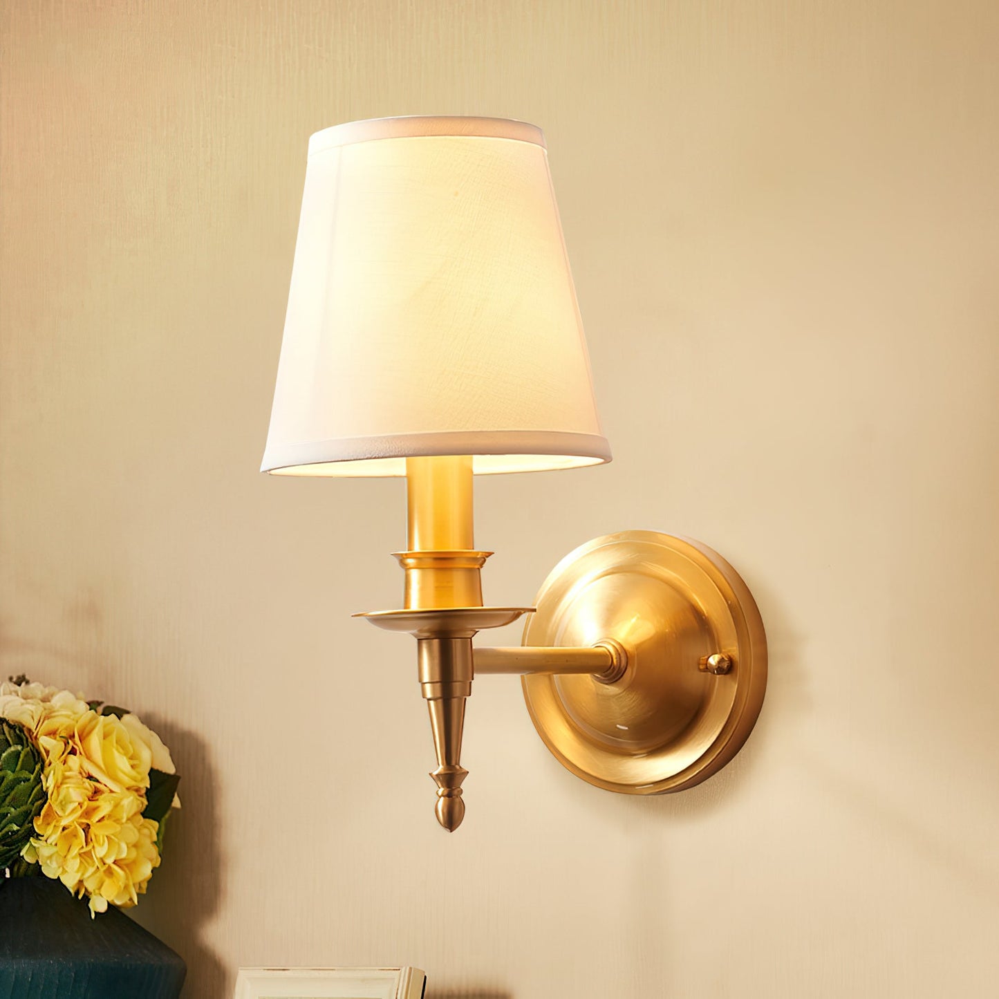 Payson Wall Lamp - Classic Brass & Fabric Sconce | Stepped Backplate Luxury Lighting