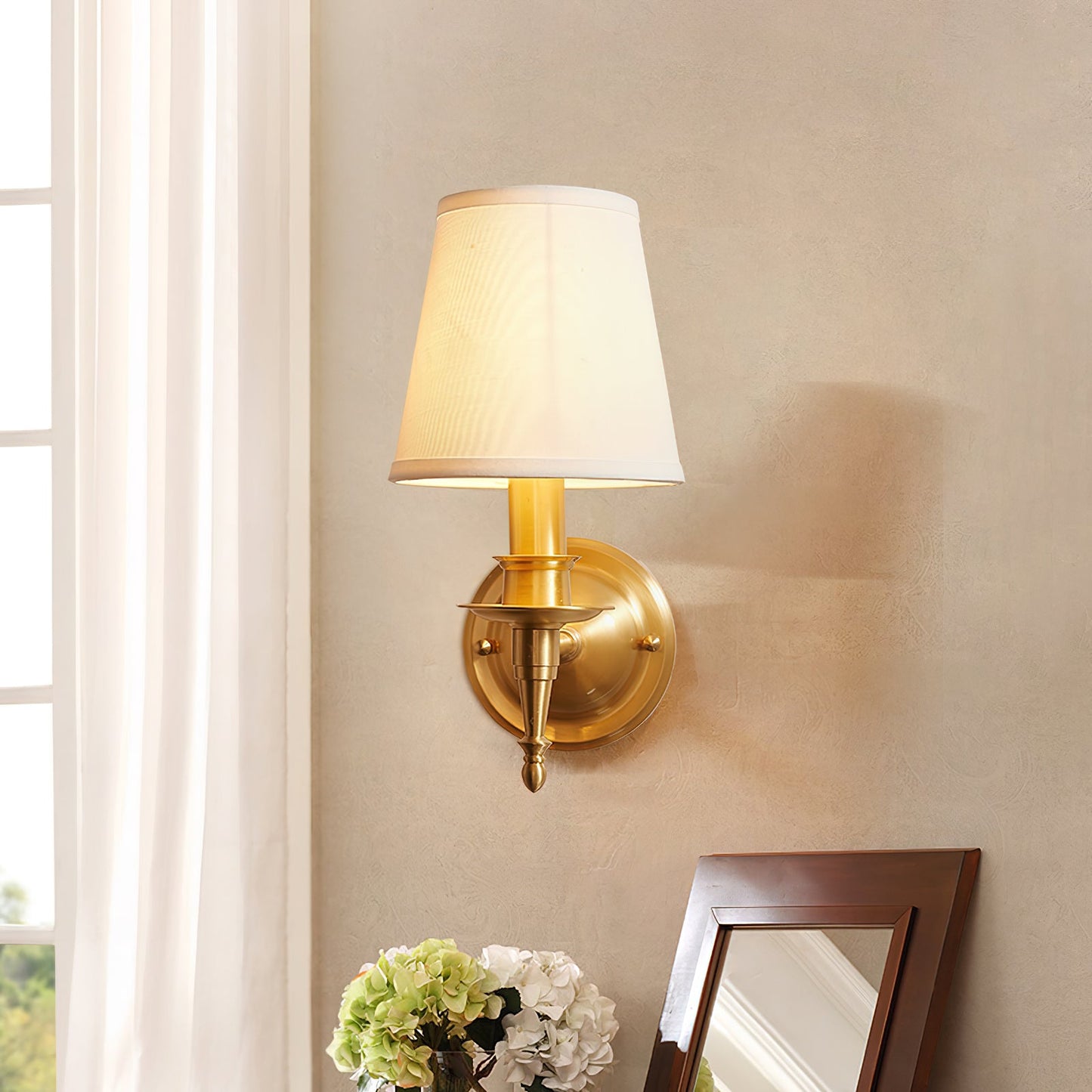 Payson Wall Lamp - Classic Brass & Fabric Sconce | Stepped Backplate Luxury Lighting