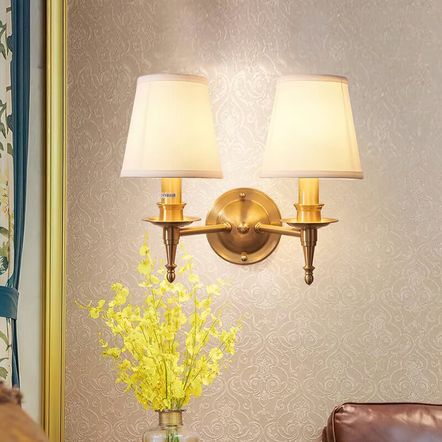 Payson Wall Lamp - Classic Brass & Fabric Sconce | Stepped Backplate Luxury Lighting
