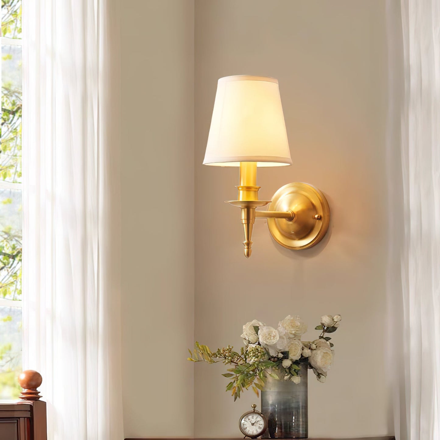 Payson Wall Lamp - Classic Brass & Fabric Sconce | Stepped Backplate Luxury Lighting