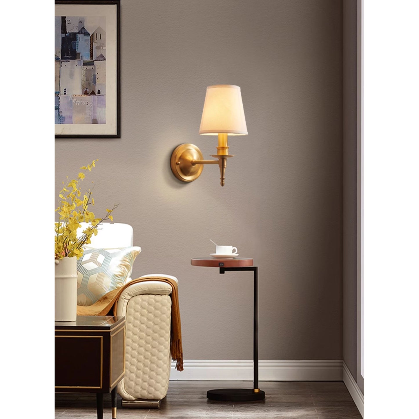 Payson Wall Lamp - Classic Brass & Fabric Sconce | Stepped Backplate Luxury Lighting