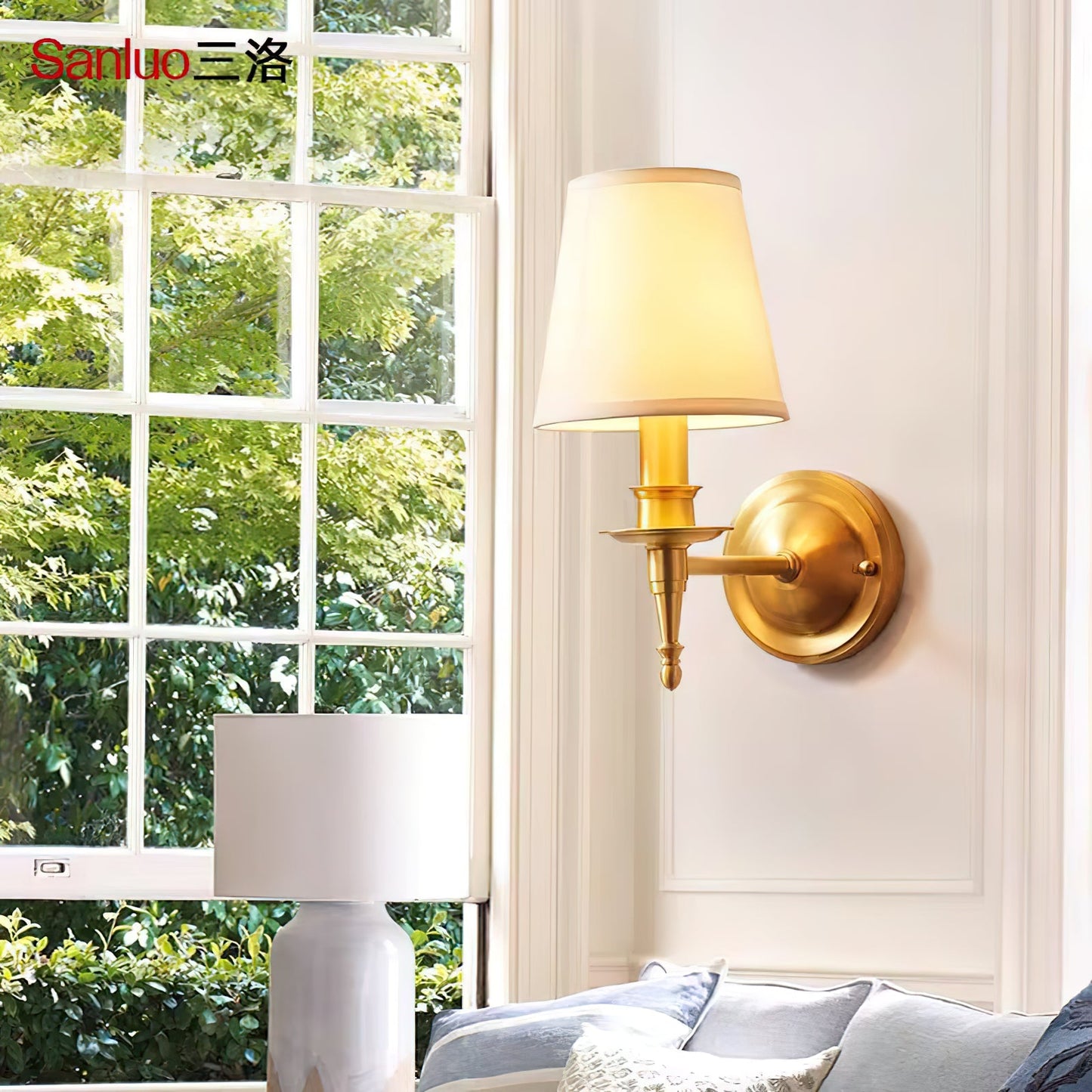 Payson Wall Lamp - Classic Brass & Fabric Sconce | Stepped Backplate Luxury Lighting
