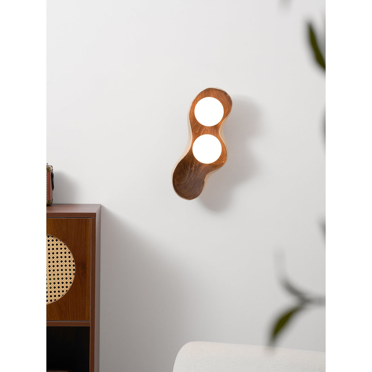 Pea Wall Lamp - Sculpted Natural Wood & Frosted Glass Globe Sconce