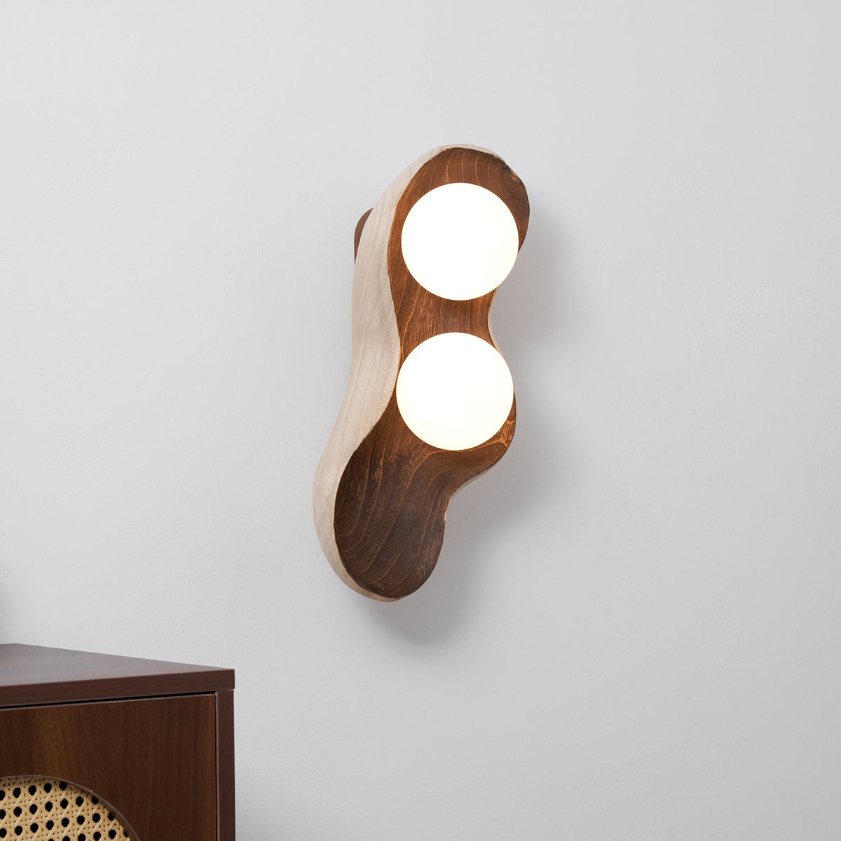 Pea Wall Lamp - Sculpted Natural Wood & Frosted Glass Globe Sconce
