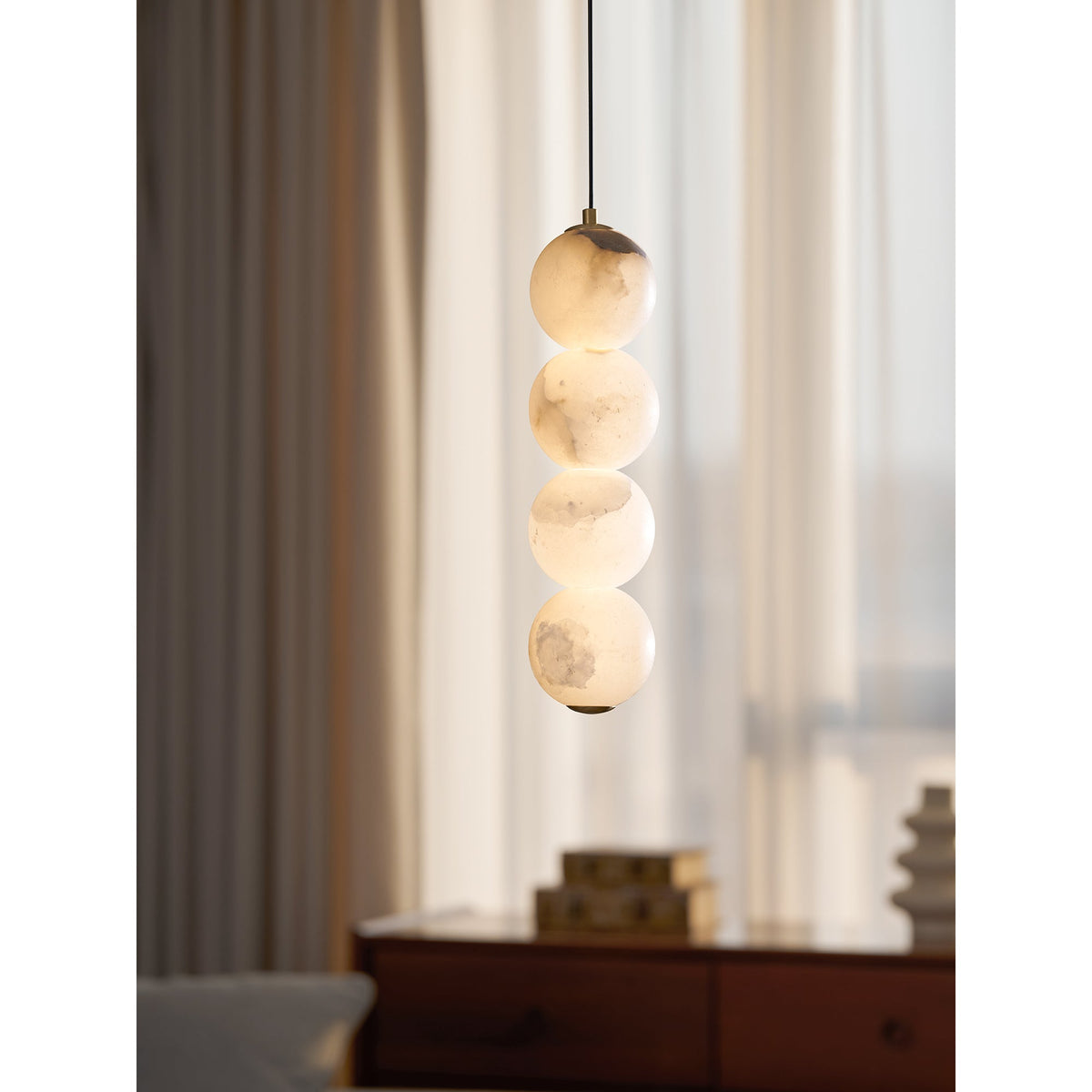 Pearl Alabaster Pendant Light - Vertical Stacked Stone Orbs & Brass Frame
