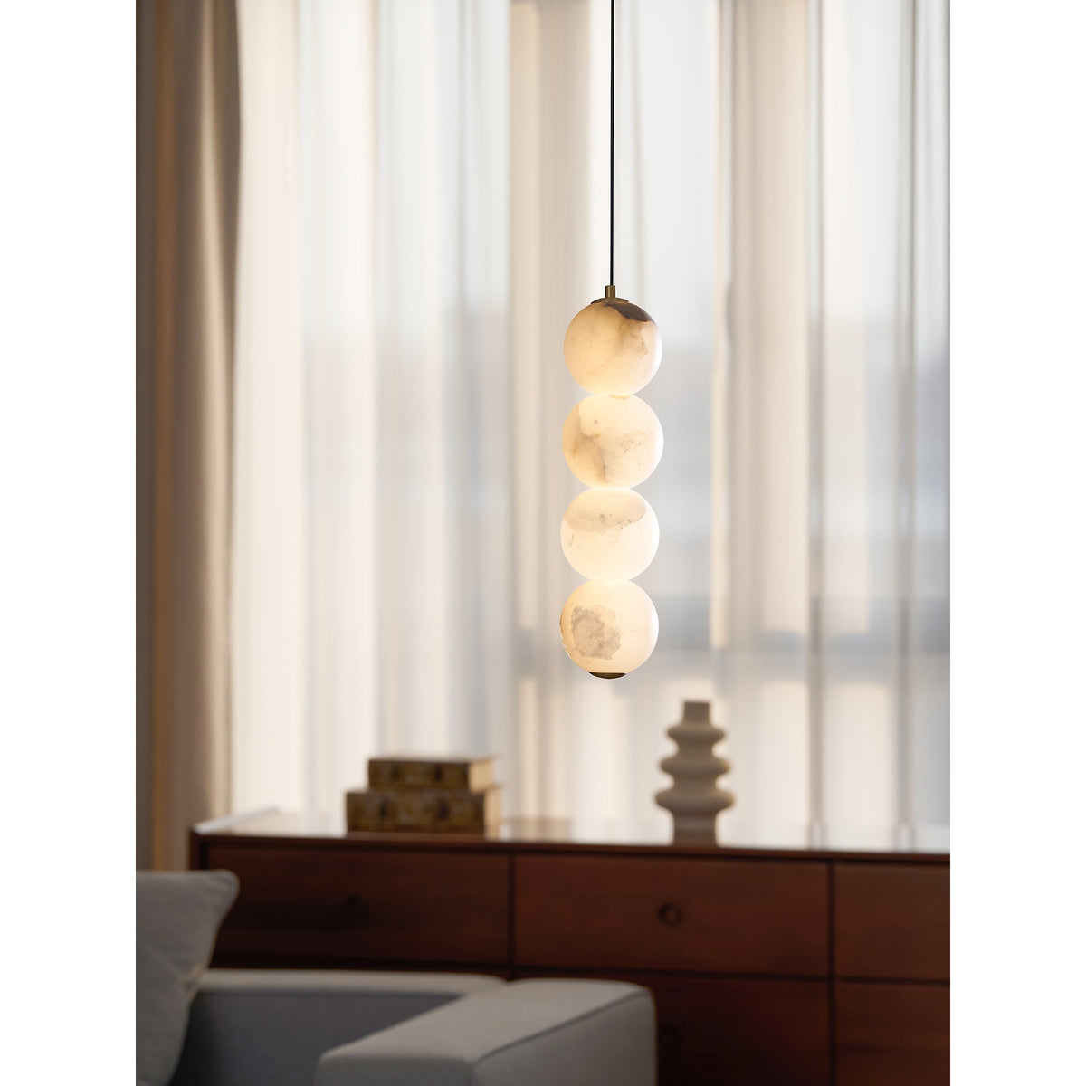 Pearl Alabaster Pendant Light - Vertical Stacked Stone Orbs & Brass Frame