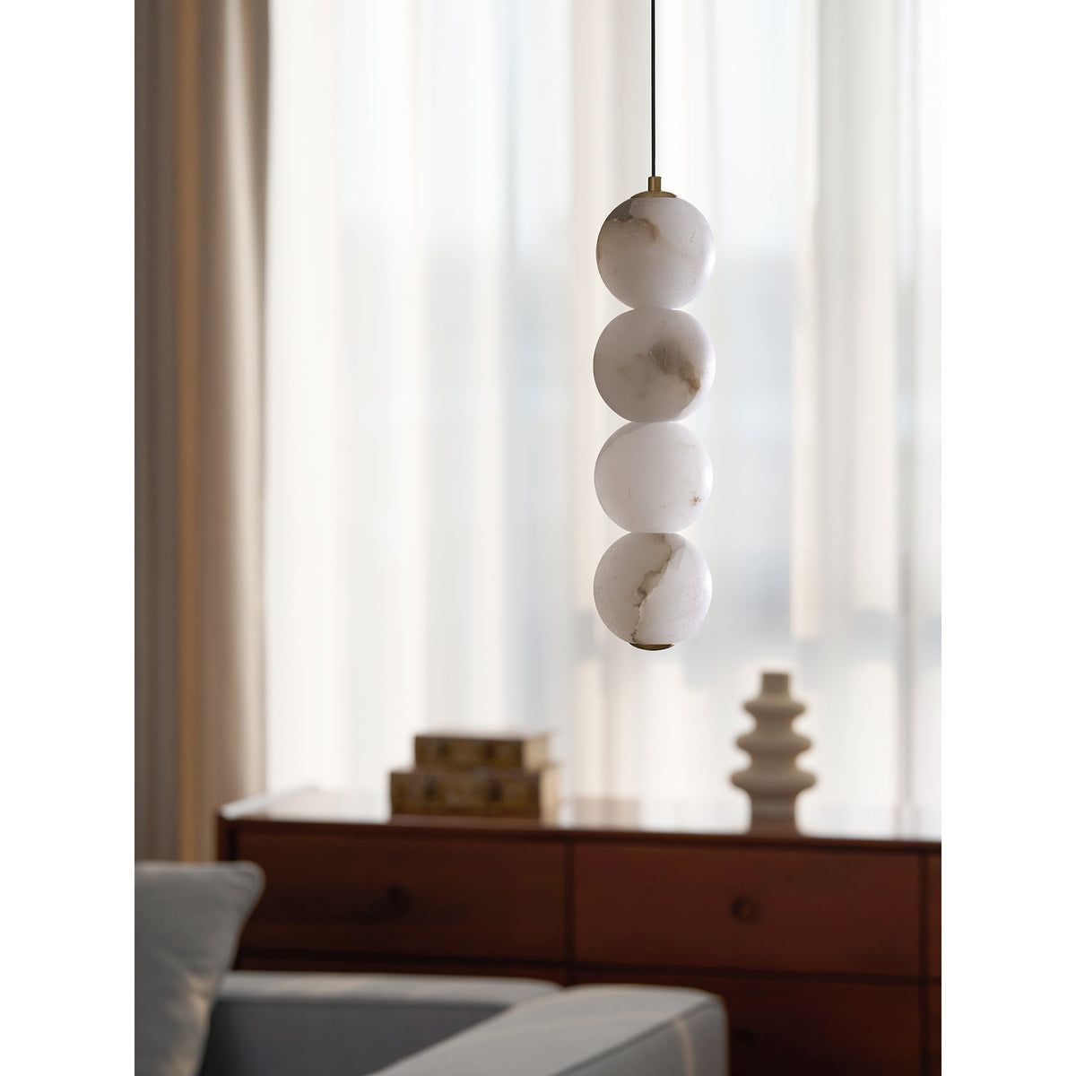 Pearl Alabaster Pendant Light - Vertical Stacked Stone Orbs & Brass Frame