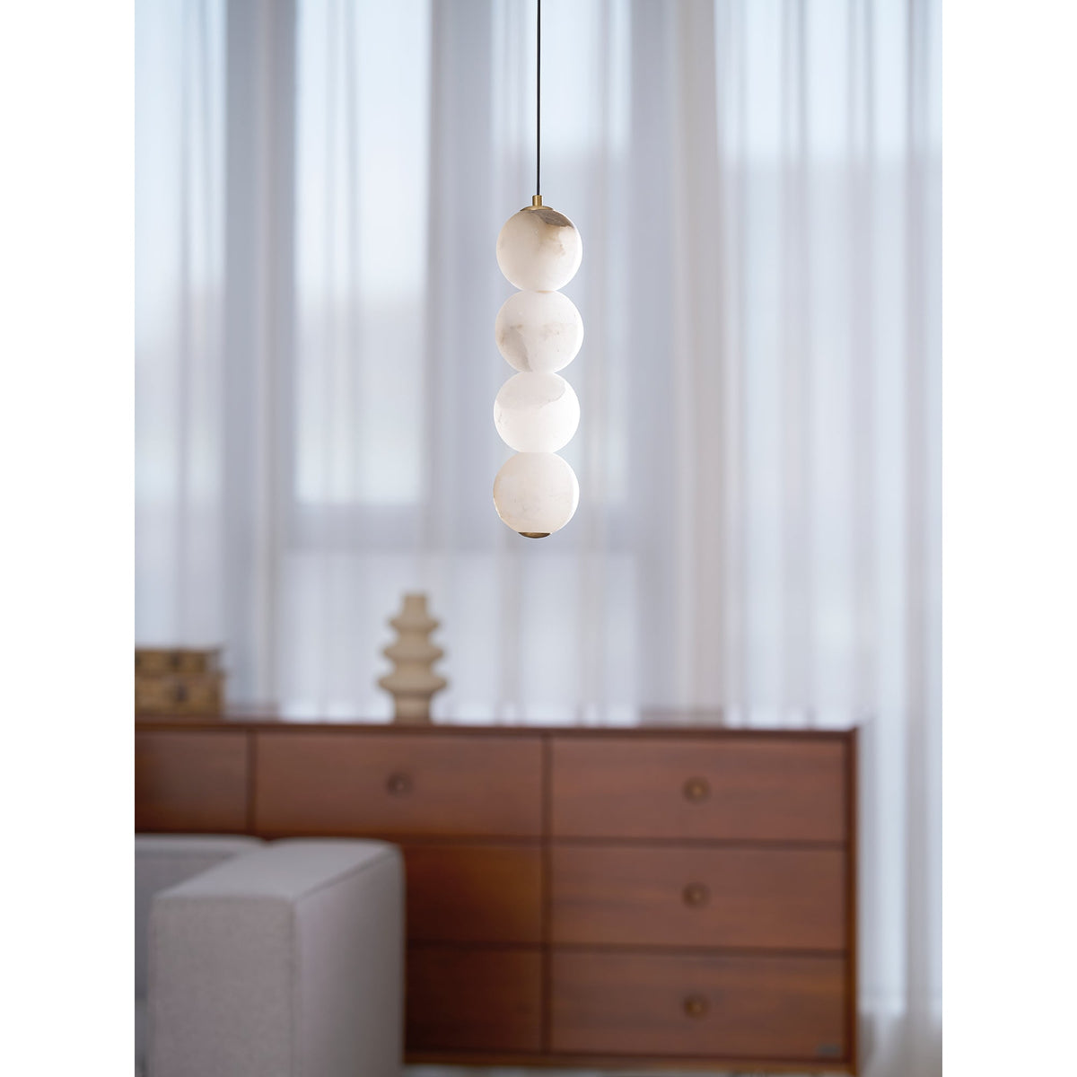 Pearl Alabaster Pendant Light - Vertical Stacked Stone Orbs & Brass Frame
