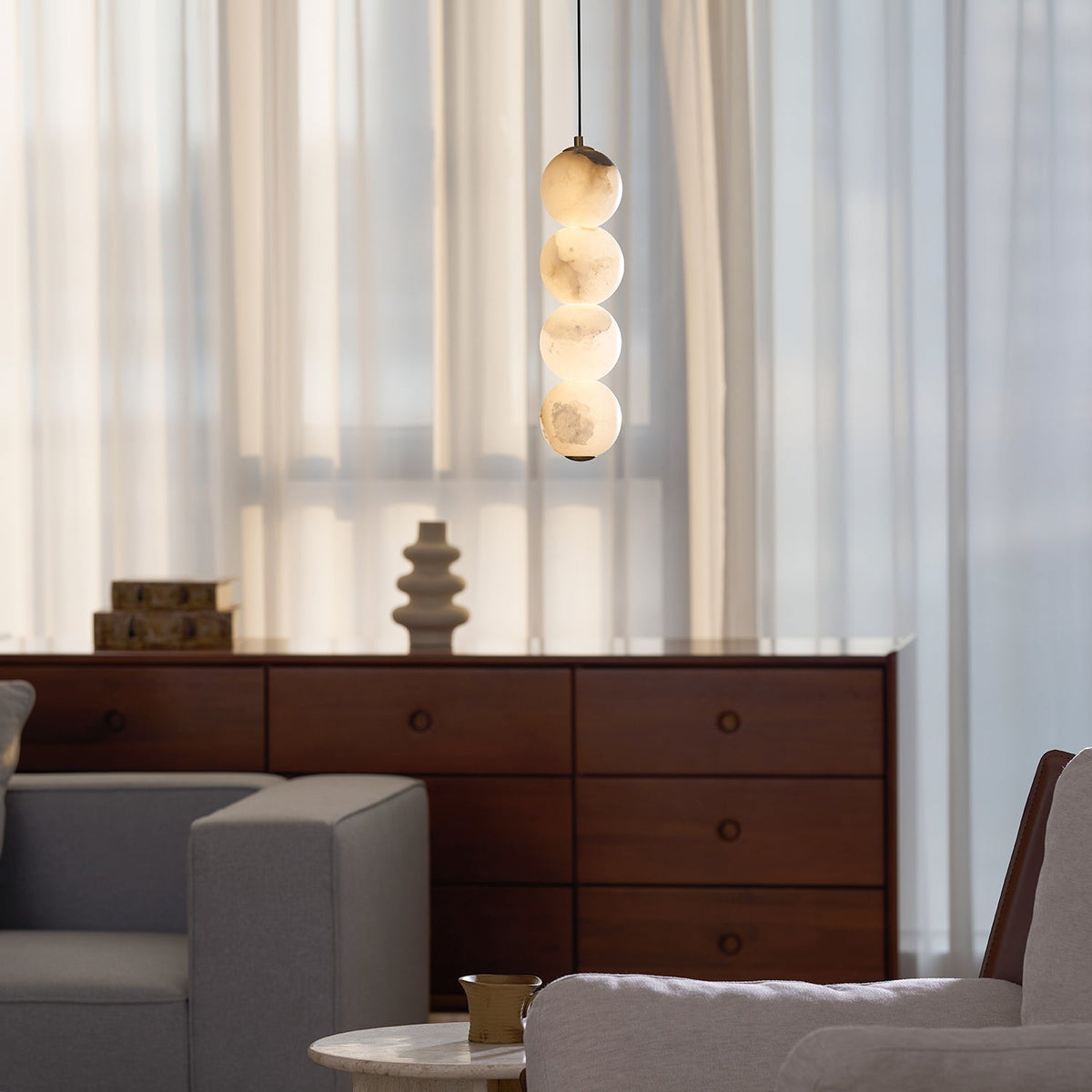 Pearl Alabaster Pendant Light - Vertical Stacked Stone Orbs & Brass Frame