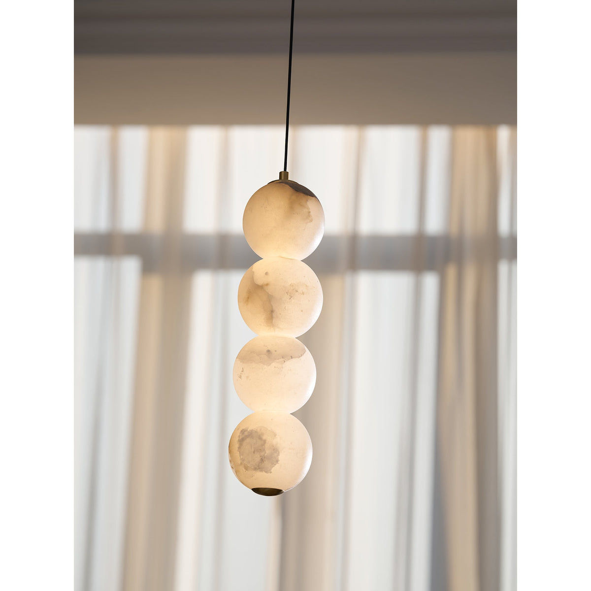 Pearl Alabaster Pendant Light - Vertical Stacked Stone Orbs & Brass Frame