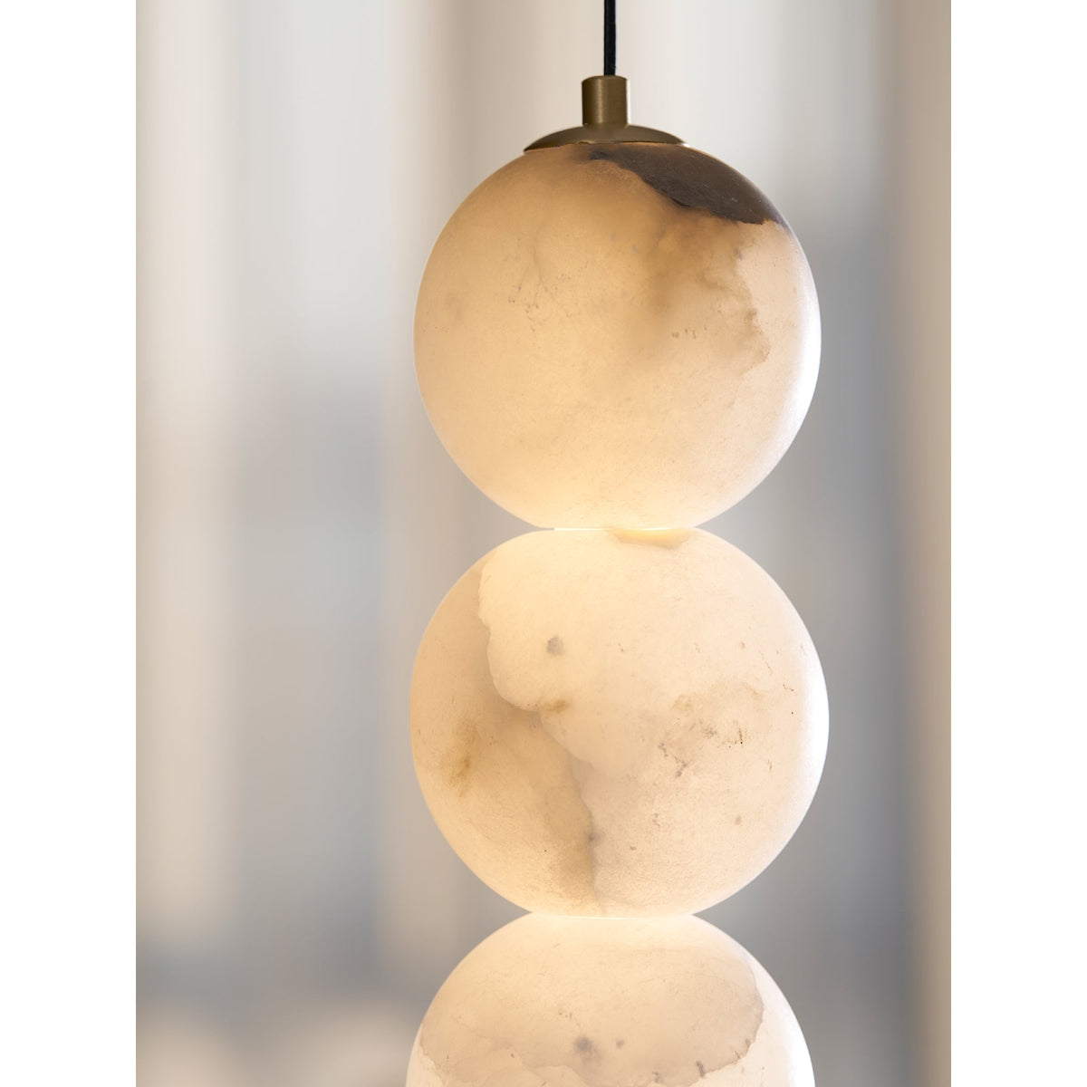 Pearl Alabaster Pendant Light - Vertical Stacked Stone Orbs & Brass Frame