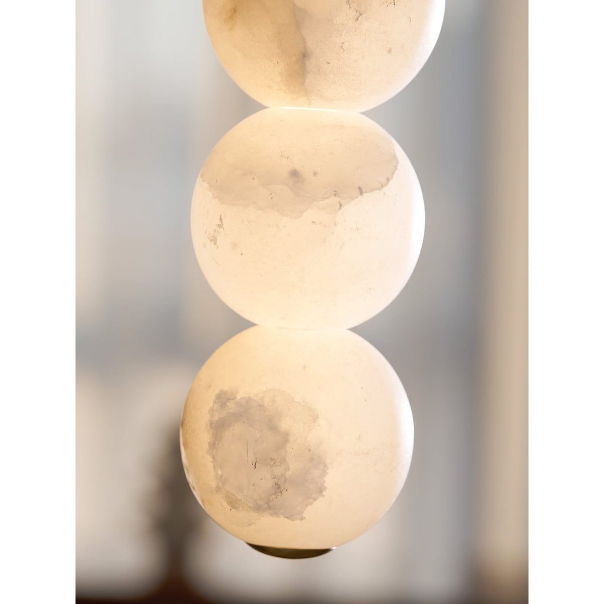 Pearl Alabaster Pendant Light - Vertical Stacked Stone Orbs & Brass Frame