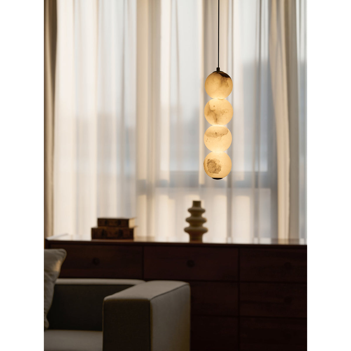 Pearl Alabaster Pendant Light - Vertical Stacked Stone Orbs & Brass Frame