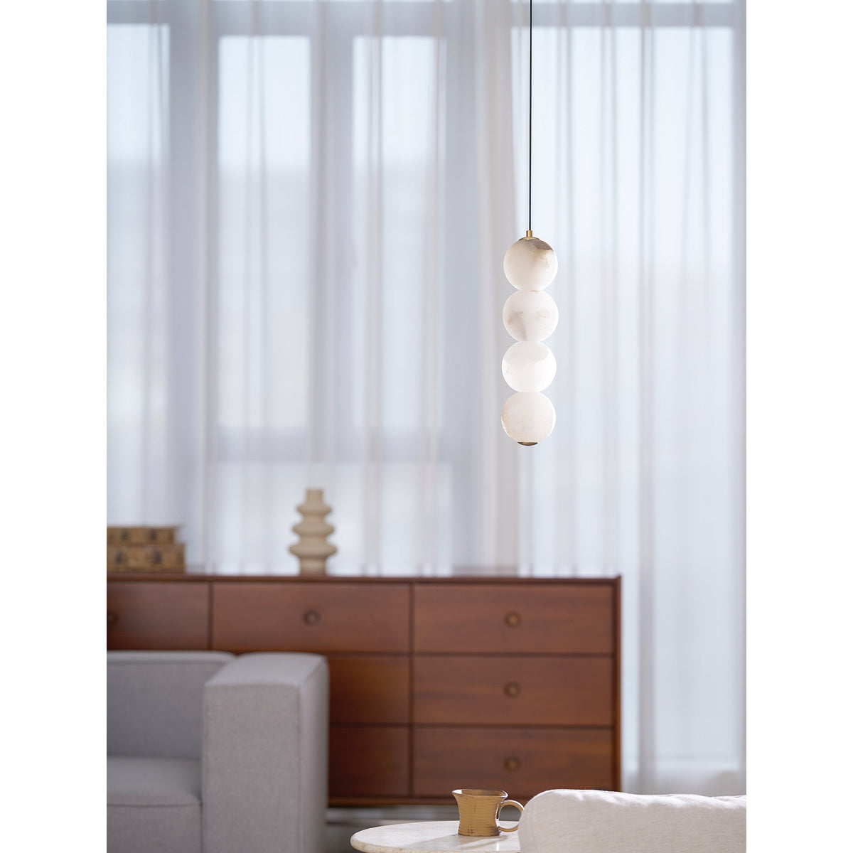 Pearl Alabaster Pendant Light - Vertical Stacked Stone Orbs & Brass Frame