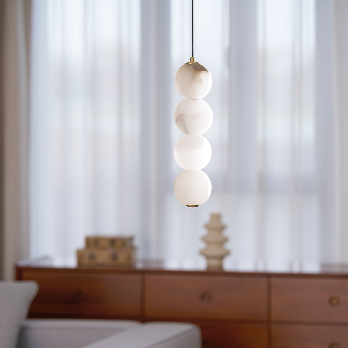 Pearl Alabaster Pendant Light - Vertical Stacked Stone Orbs & Brass Frame