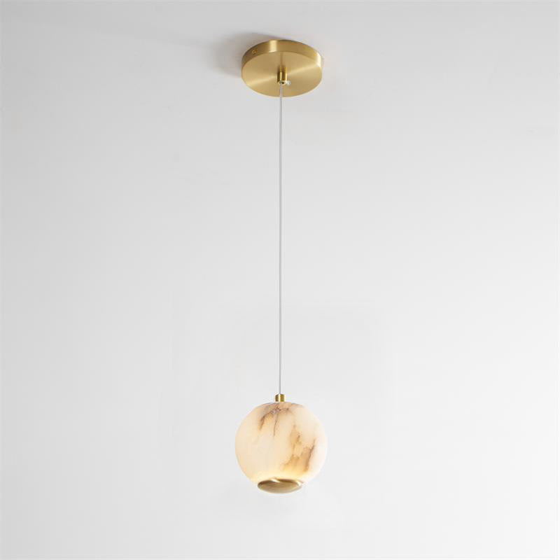 Pearl Alabaster Pendant Light - Vertical Stacked Stone Orbs & Brass Frame
