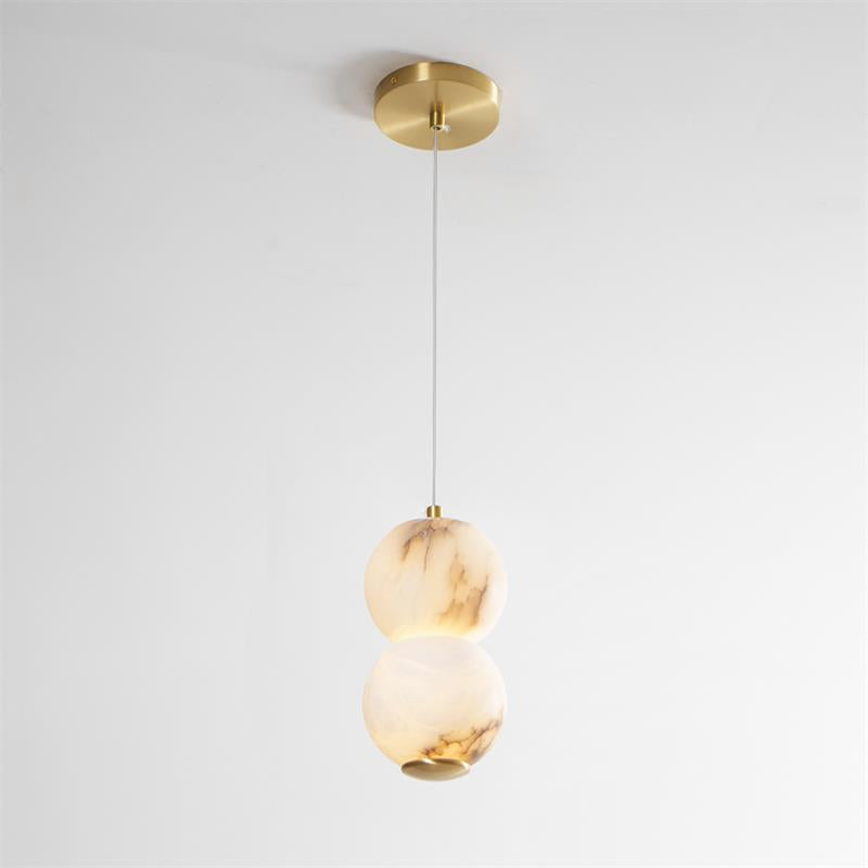 Pearl Alabaster Pendant Light - Vertical Stacked Stone Orbs & Brass Frame