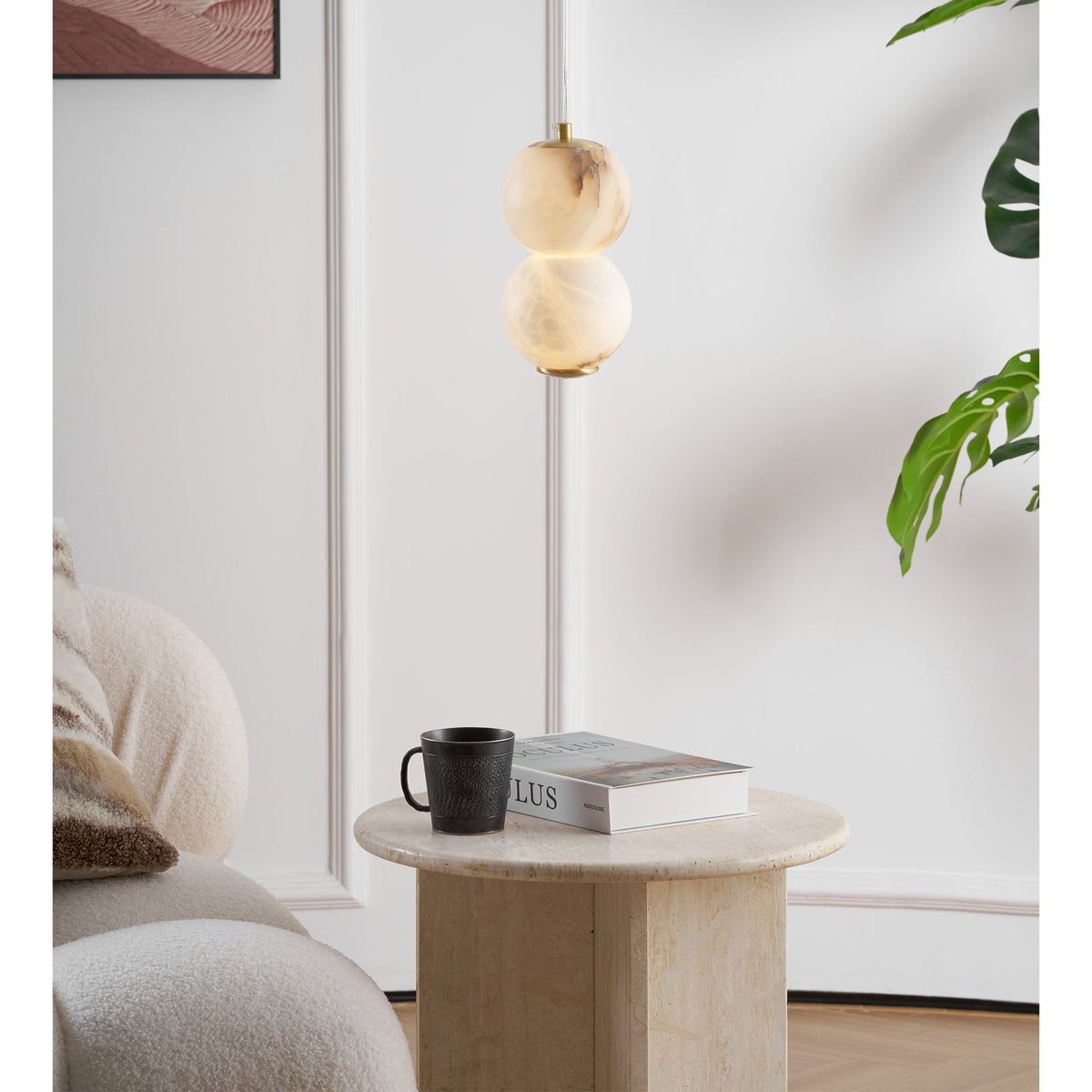 Pearl Alabaster Pendant Light - Vertical Stacked Stone Orbs & Brass Frame