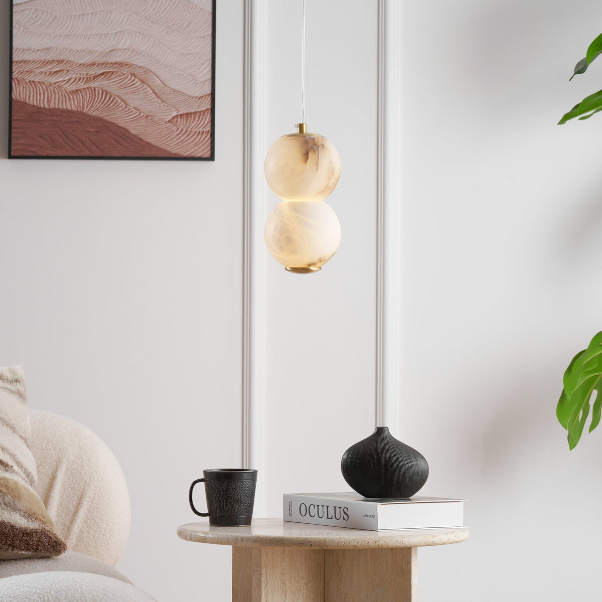 Pearl Alabaster Pendant Light - Vertical Stacked Stone Orbs & Brass Frame