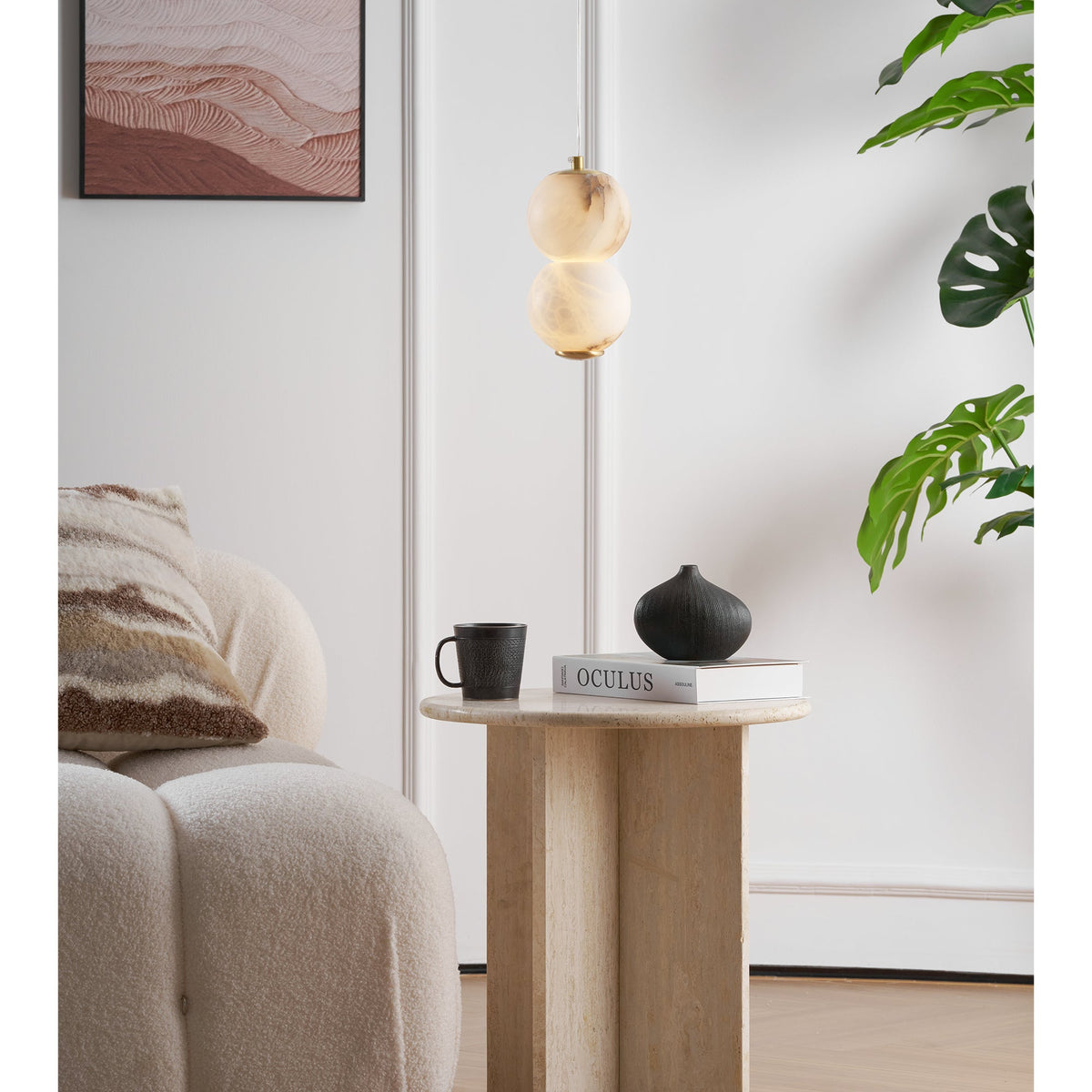 Pearl Alabaster Pendant Light - Vertical Stacked Stone Orbs & Brass Frame