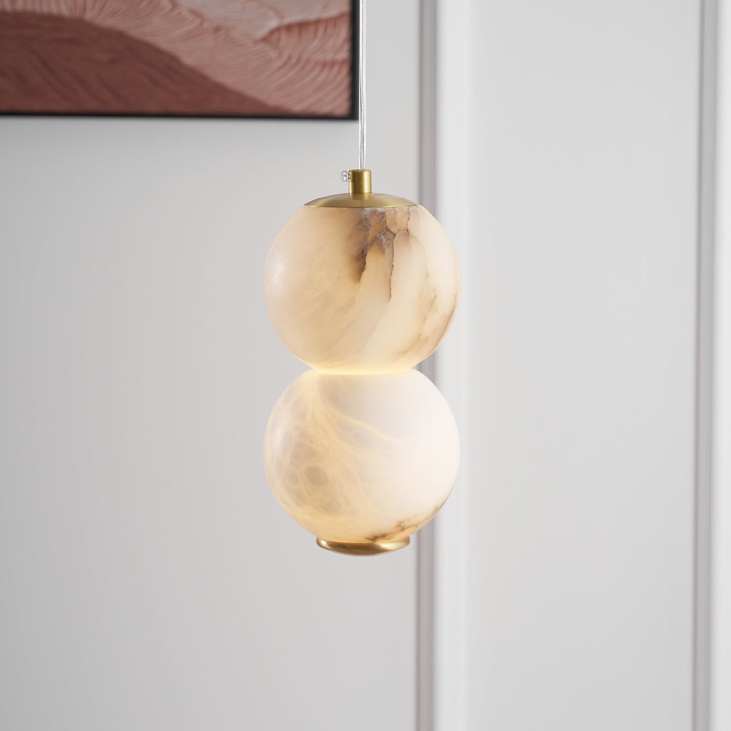 Pearl Alabaster Pendant Light - Vertical Stacked Stone Orbs & Brass Frame