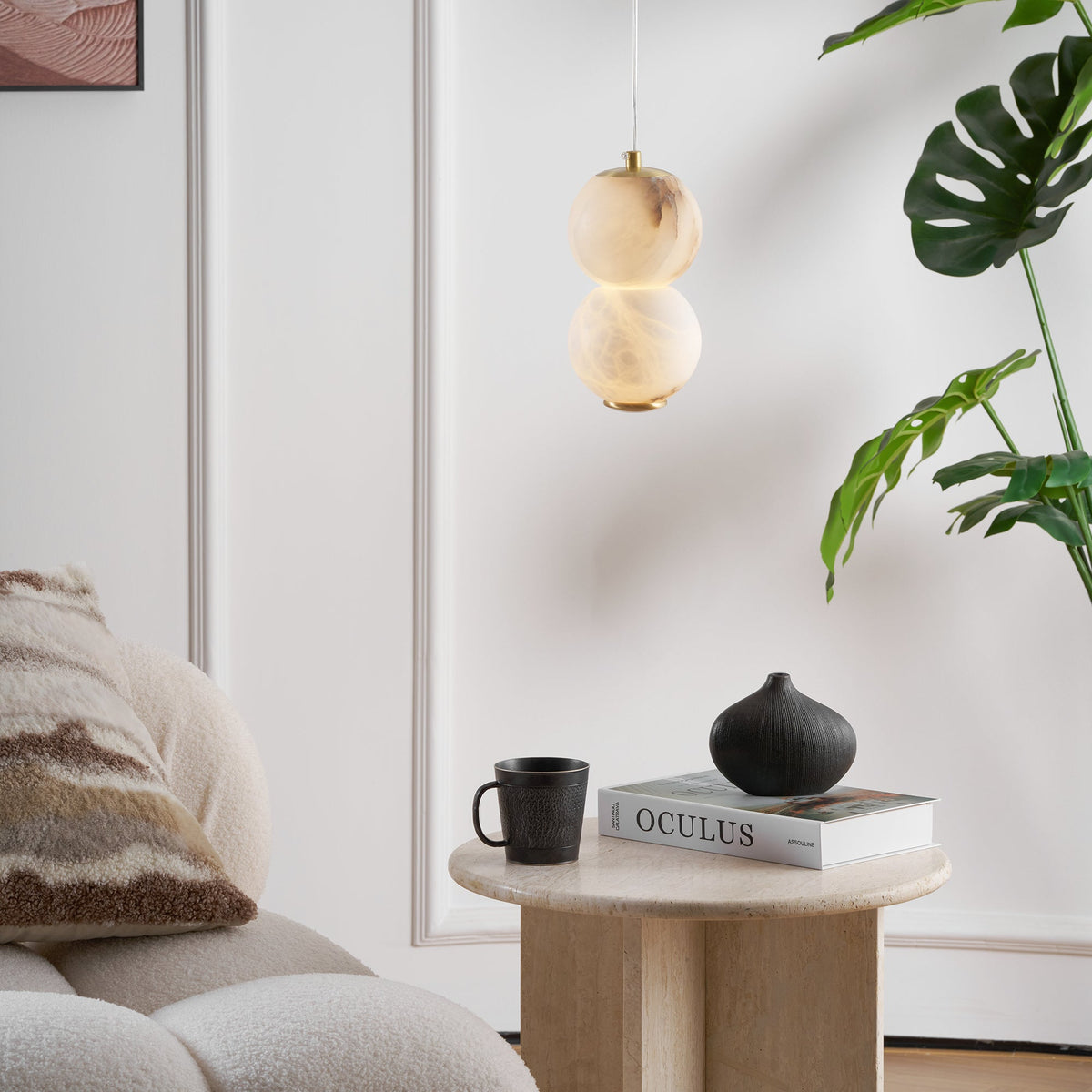 Pearl Alabaster Pendant Light - Vertical Stacked Stone Orbs & Brass Frame