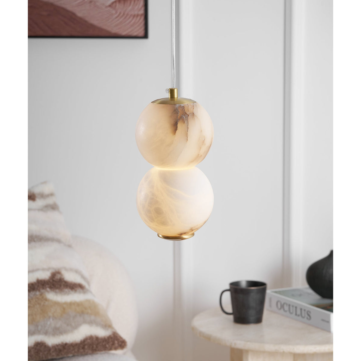 Pearl Alabaster Pendant Light - Vertical Stacked Stone Orbs & Brass Frame
