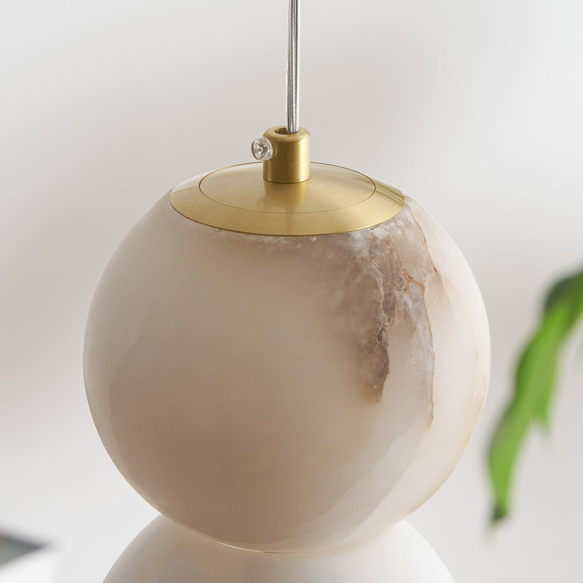 Pearl Alabaster Pendant Light - Vertical Stacked Stone Orbs & Brass Frame