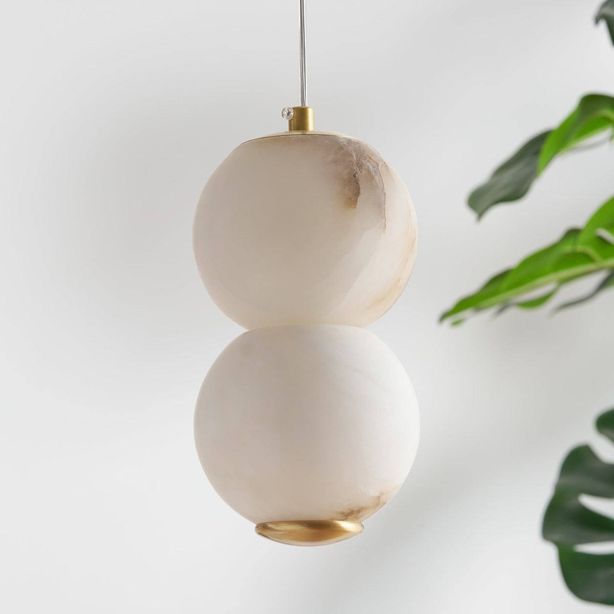Pearl Alabaster Pendant Light - Vertical Stacked Stone Orbs & Brass Frame