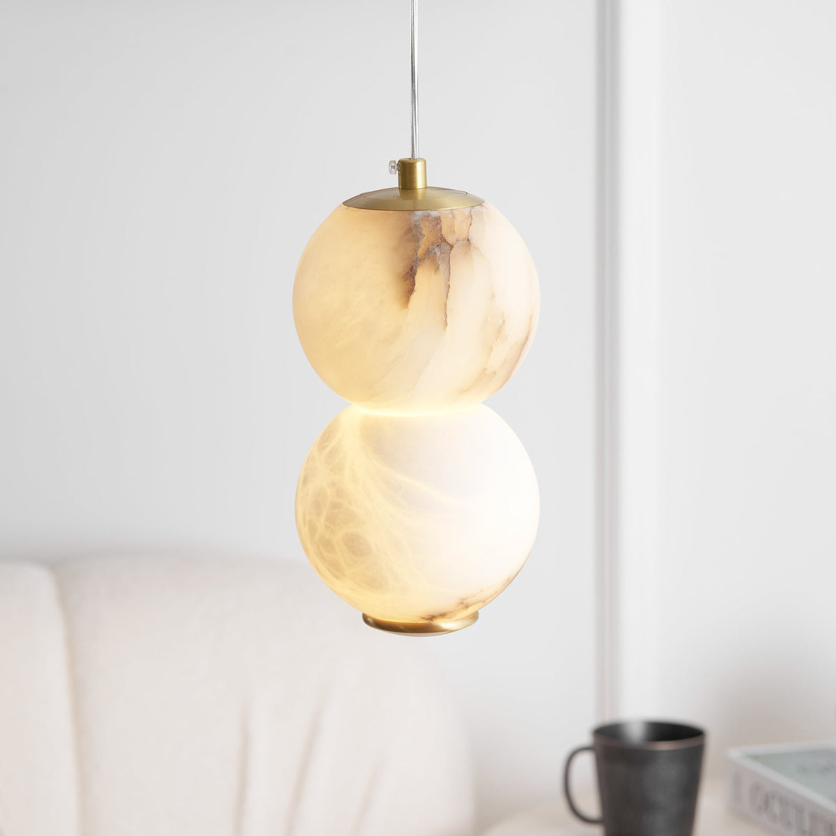 Pearl Alabaster Pendant Light - Vertical Stacked Stone Orbs & Brass Frame