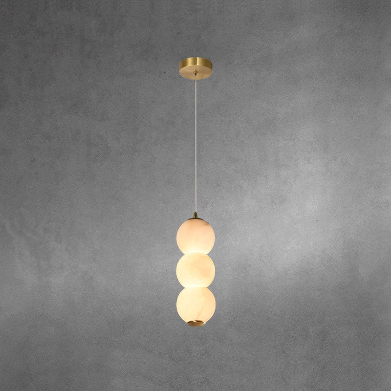 Pearl Alabaster Pendant Light - Vertical Stacked Stone Orbs & Brass Frame