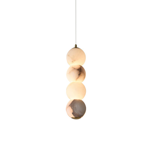 Pearl Alabaster Pendant Light - Vertical Stacked Stone Orbs & Brass Frame