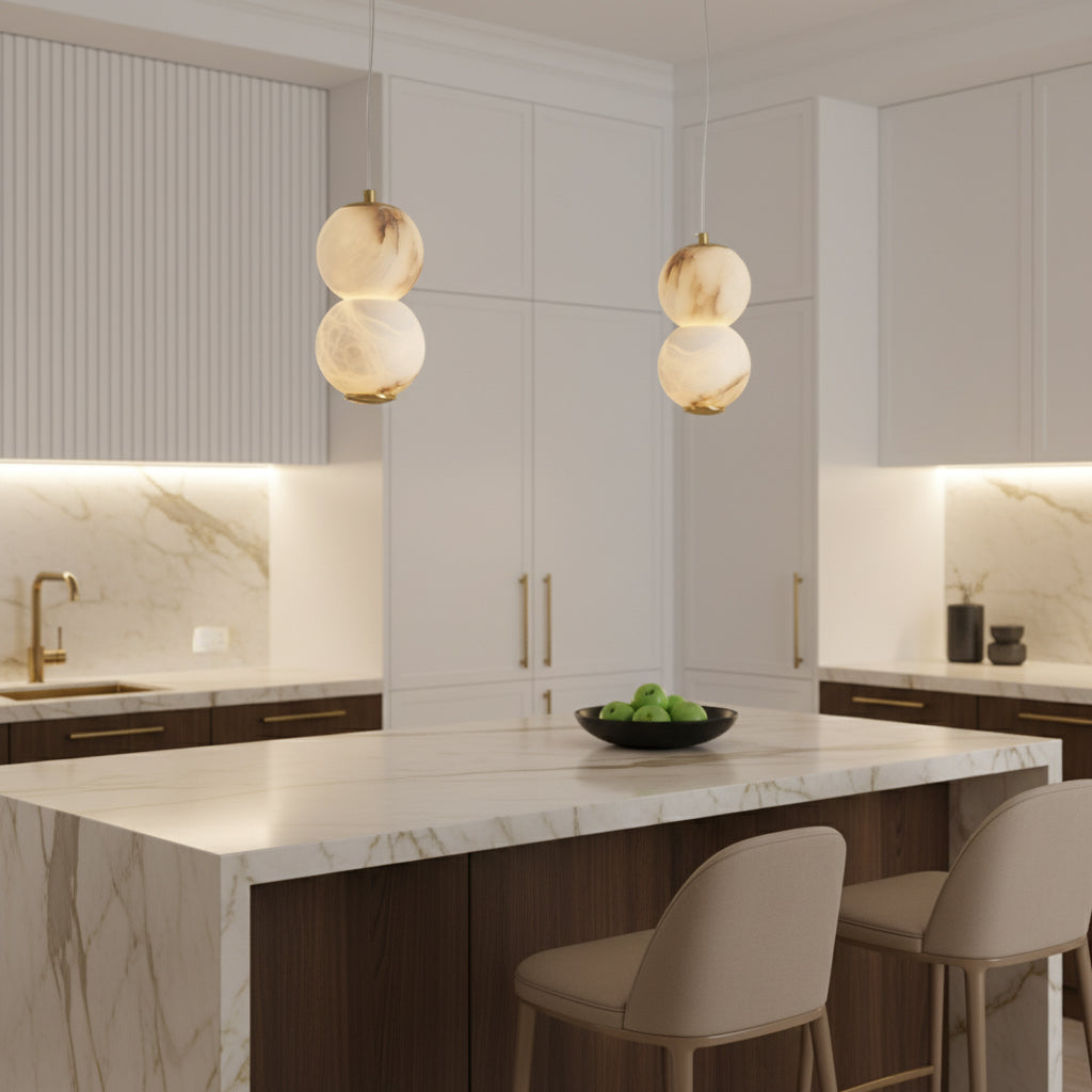 Pearl Alabaster Pendant Light - Vertical Stacked Stone Orbs & Brass Frame