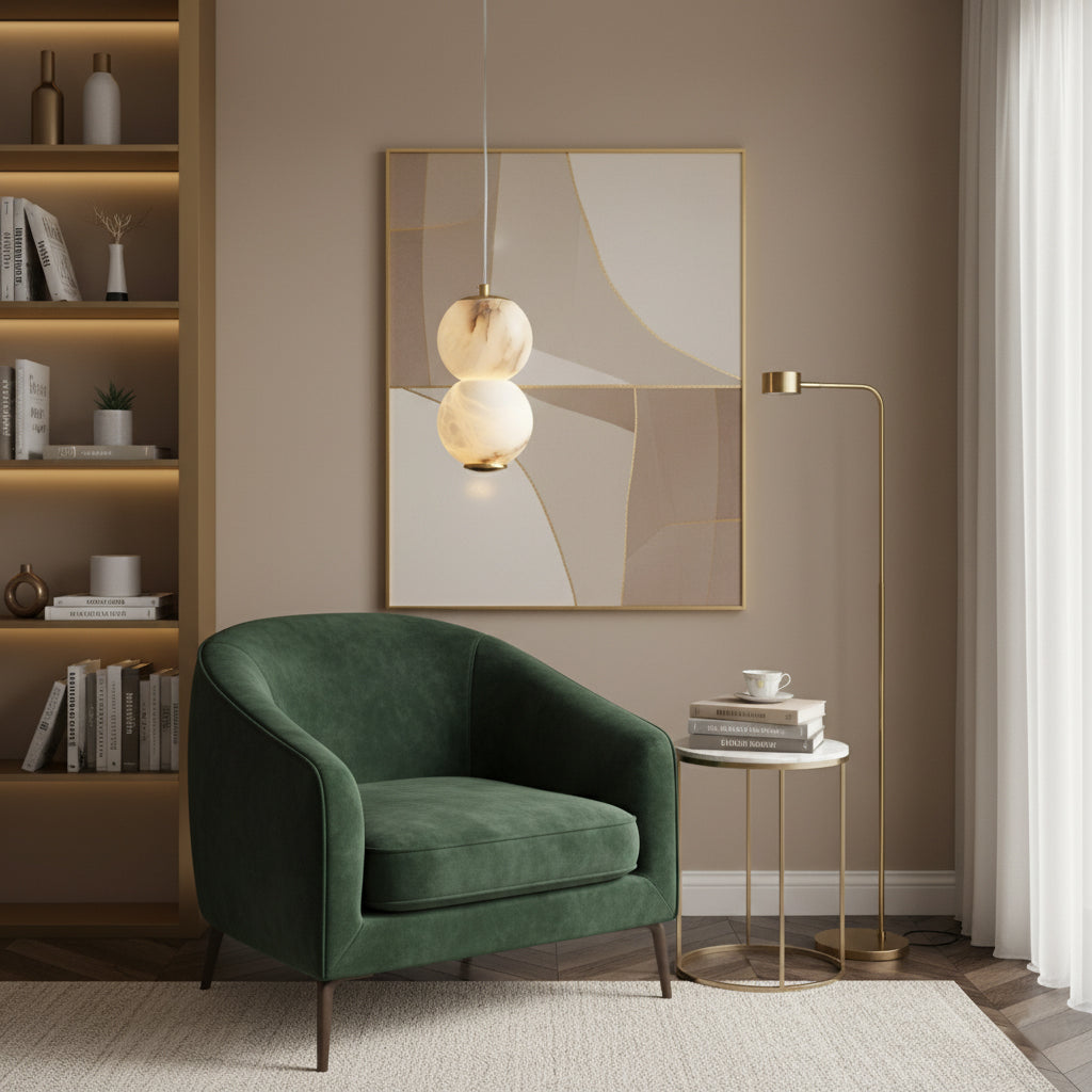 Pearl Alabaster Pendant Light - Vertical Stacked Stone Orbs & Brass Frame